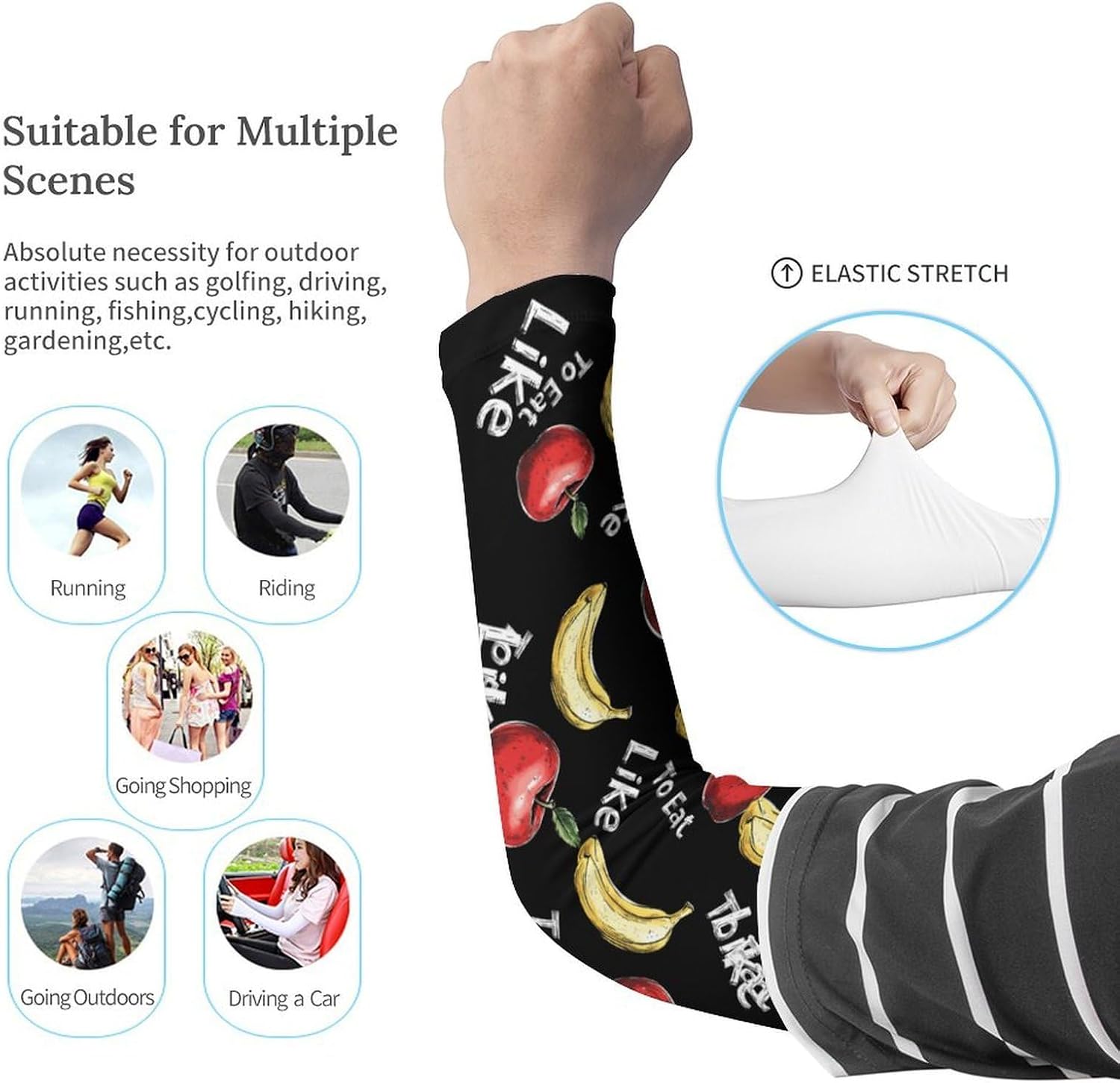 I Like To Eat Apples And Bananas Arm Sleeves Sun Protection Sleeves Sports Cooling Arm Compression Sleeve for Men Women