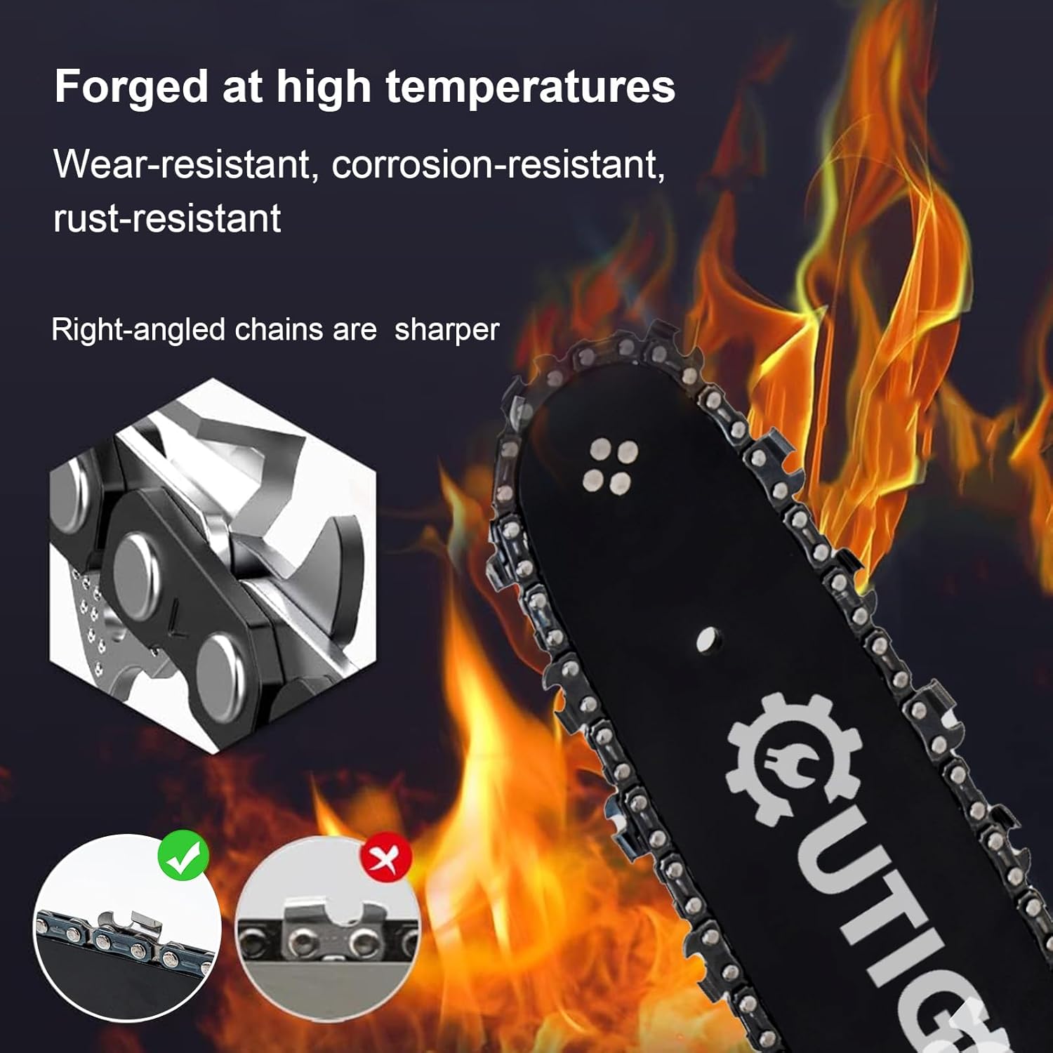 Close-up of the chainsaw chain and guide bar