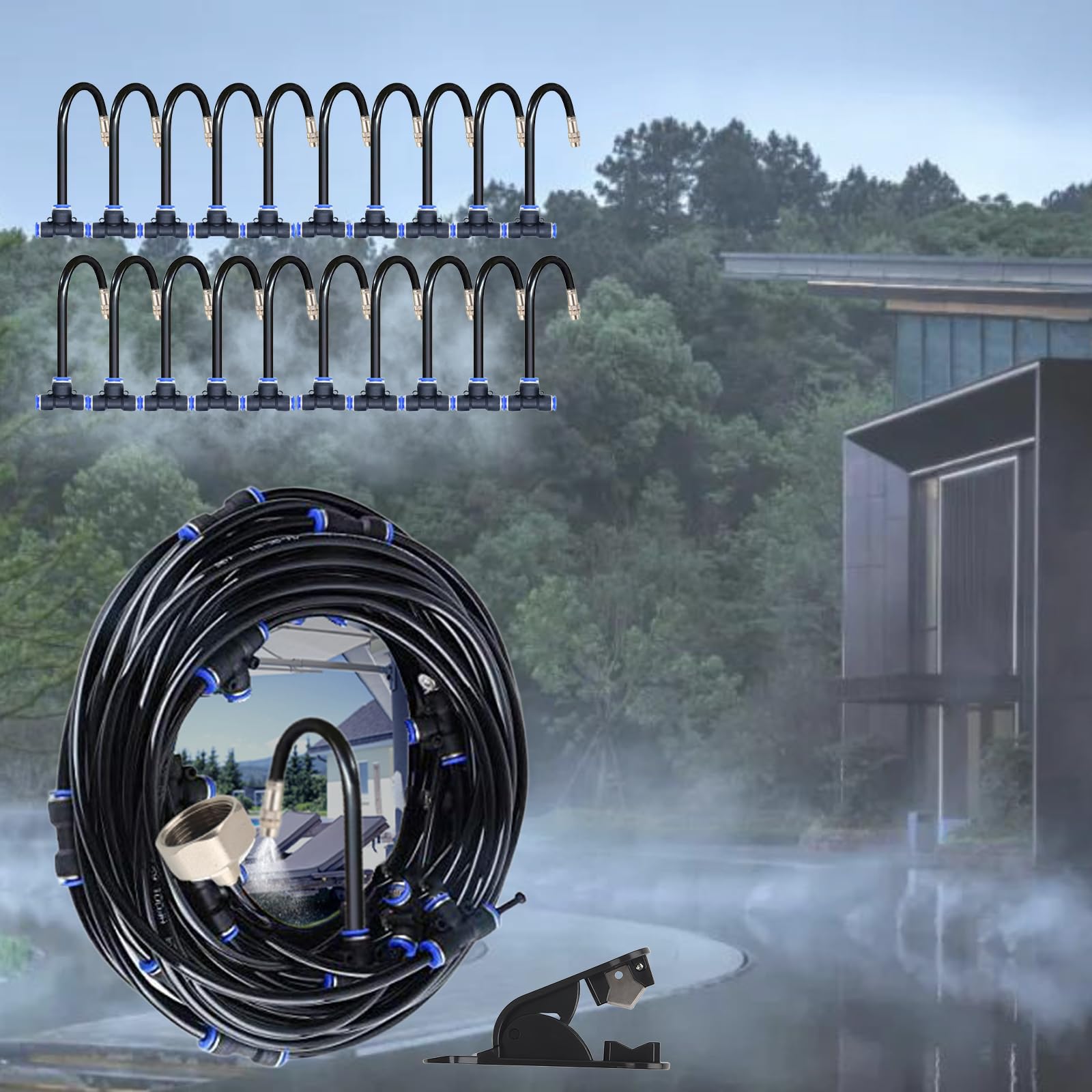 Sprühnebel Kühlung Terrasse, dellyy Wasserzerstäuber Garten, 360° Bewässerung System, für die Kühlung von Terrassenlüftern im Außenbereich, für Garten, Veranden, Rasen, Gewächshaus Pavillon (20M)