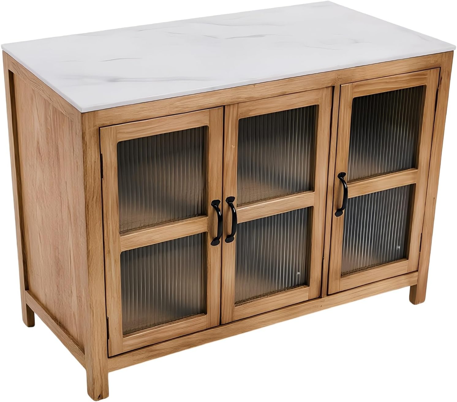 Storage Trolley Wooden Kitchen Island with Fluted Glass Doors Sintered Stone Top Buffet Sideboard Shelving Organizer