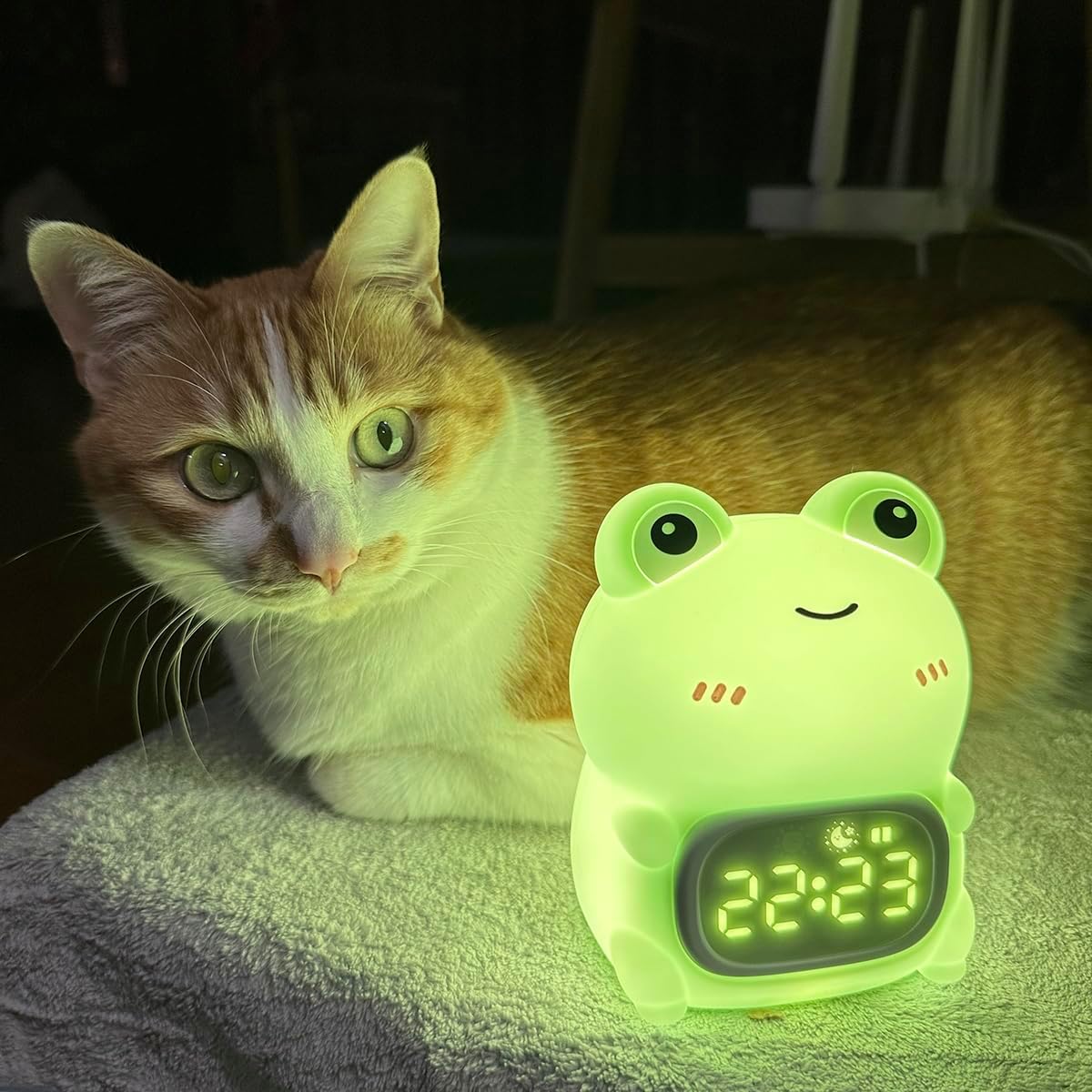 Alarm Clock Night Light for Kids, Rechargeable Soft Silicone Pat Control Digital Lamp, Non-Flickering Eye-Caring LED Warm Lights, Auto Turn Off, Timer Function, Soothing Mood (Green Frog)