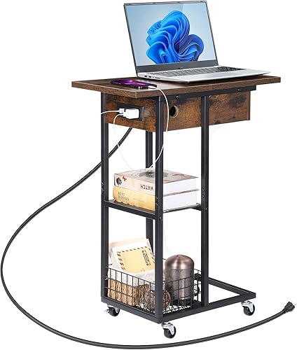 MOOACE Mesa auxiliar en forma de C con estación de carga mesas auxiliares estrechas en C con puertos USB y salidas para sala de estar dormitorio