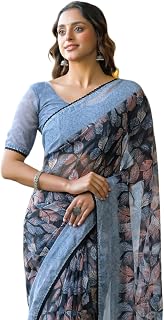 SAMAH Women's Chiffon Floral Printed Saree with Unstitched Blouse Piece Price In India
