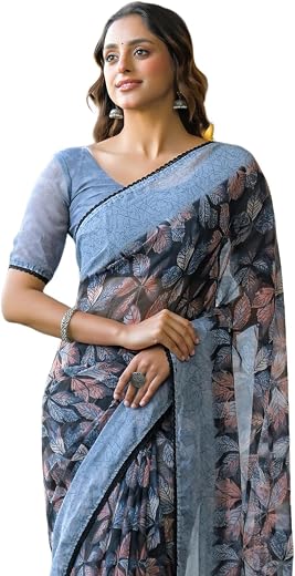 SAMAH Women's Chiffon Floral Printed Saree with Unstitched Blouse Piece