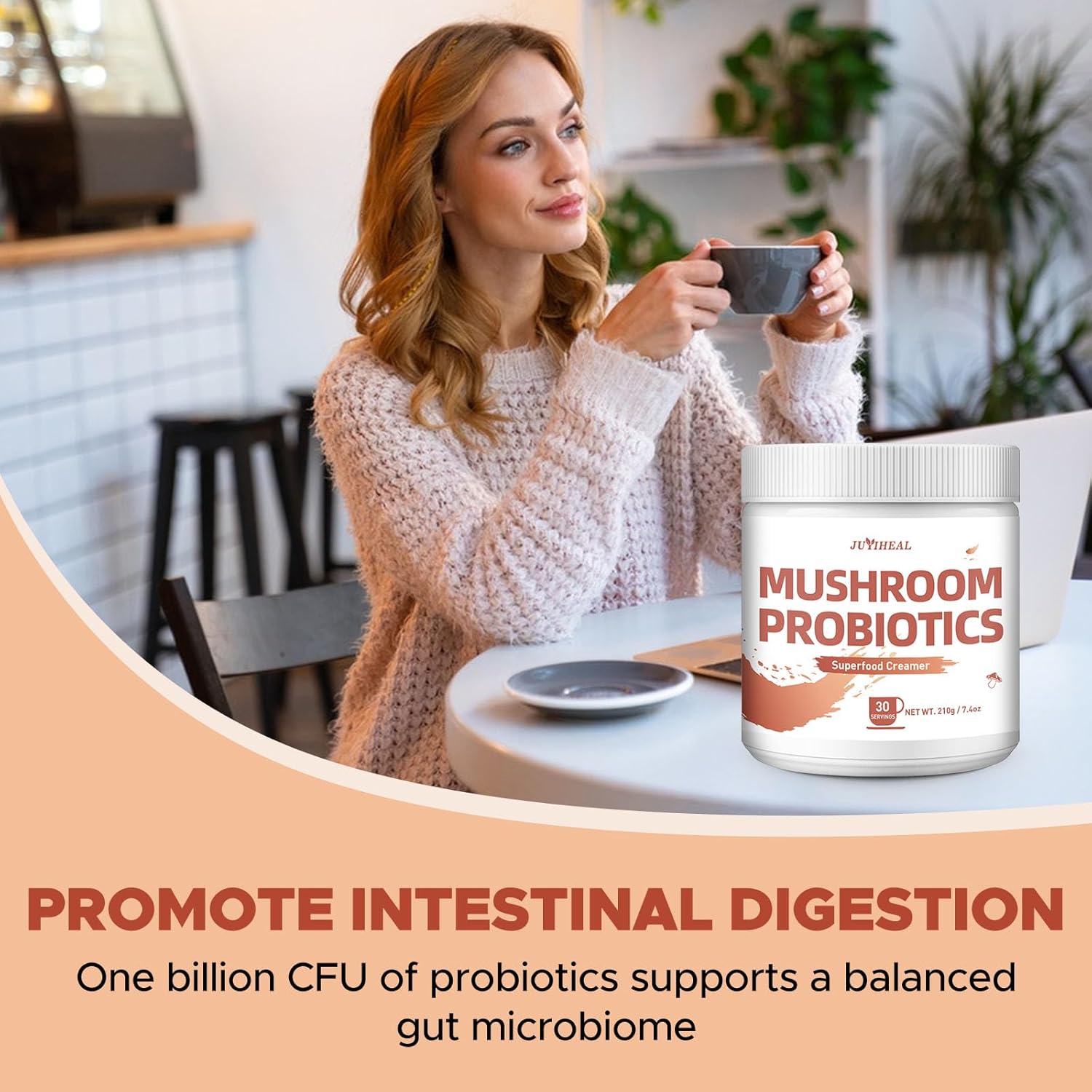 JUYIHEAL Mushroom Coffee Creamer, 210g Mushroom Probiotic Coffee Creamer with Adaptogenic 6 Mushrooms, Cordyceps, Reishi, King Trumpet, Shiitake, Turkey Tail, Lion's Mane for Energy, Focus, Digestion