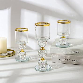 Candle Holders Set of 3 Crystal Candle Holders for Pillar Candles Pillar Candle Holder Centerpiece for Table Clear Candle Holder Set Candle Stands Home Decorative
