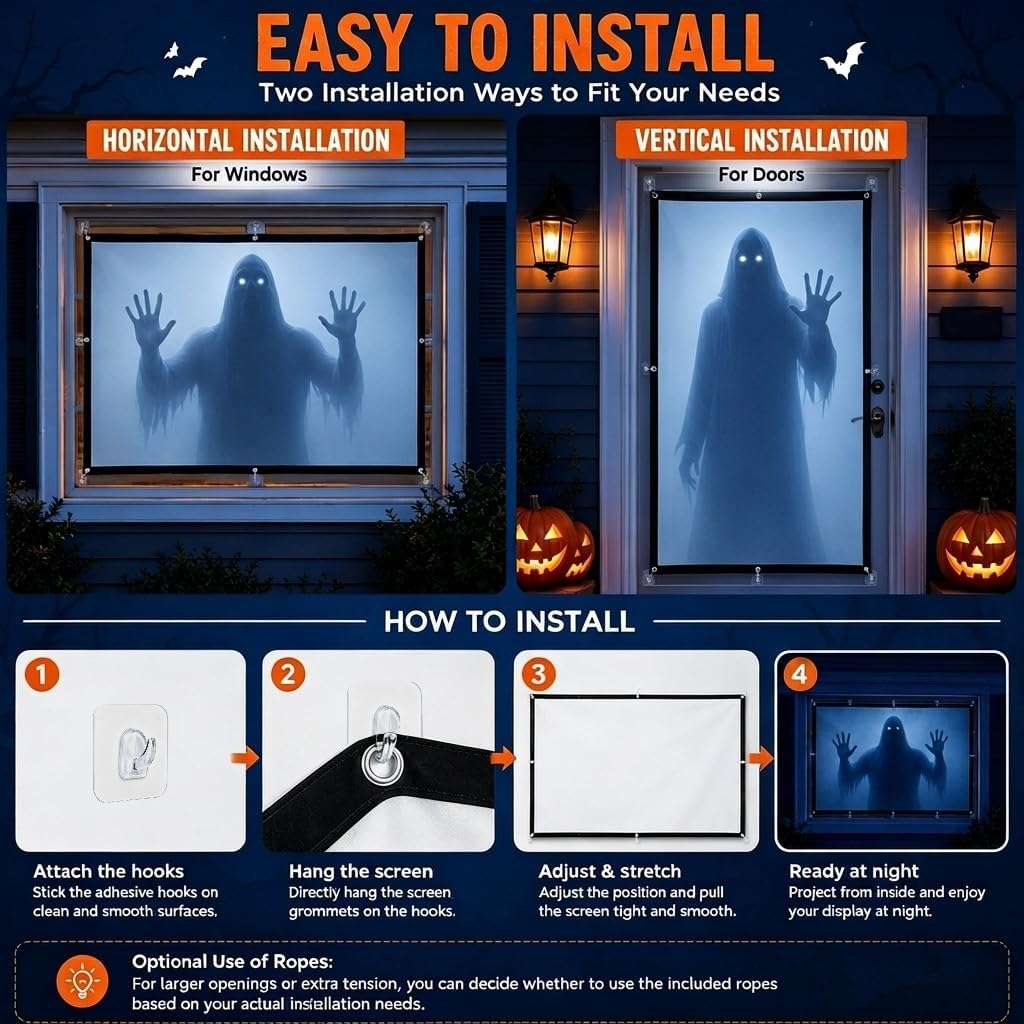 Holographic Rear Projection Screen Foldable and Portable Double Sided for Indoor Halloween Decorations, with Hang Mounting (120)