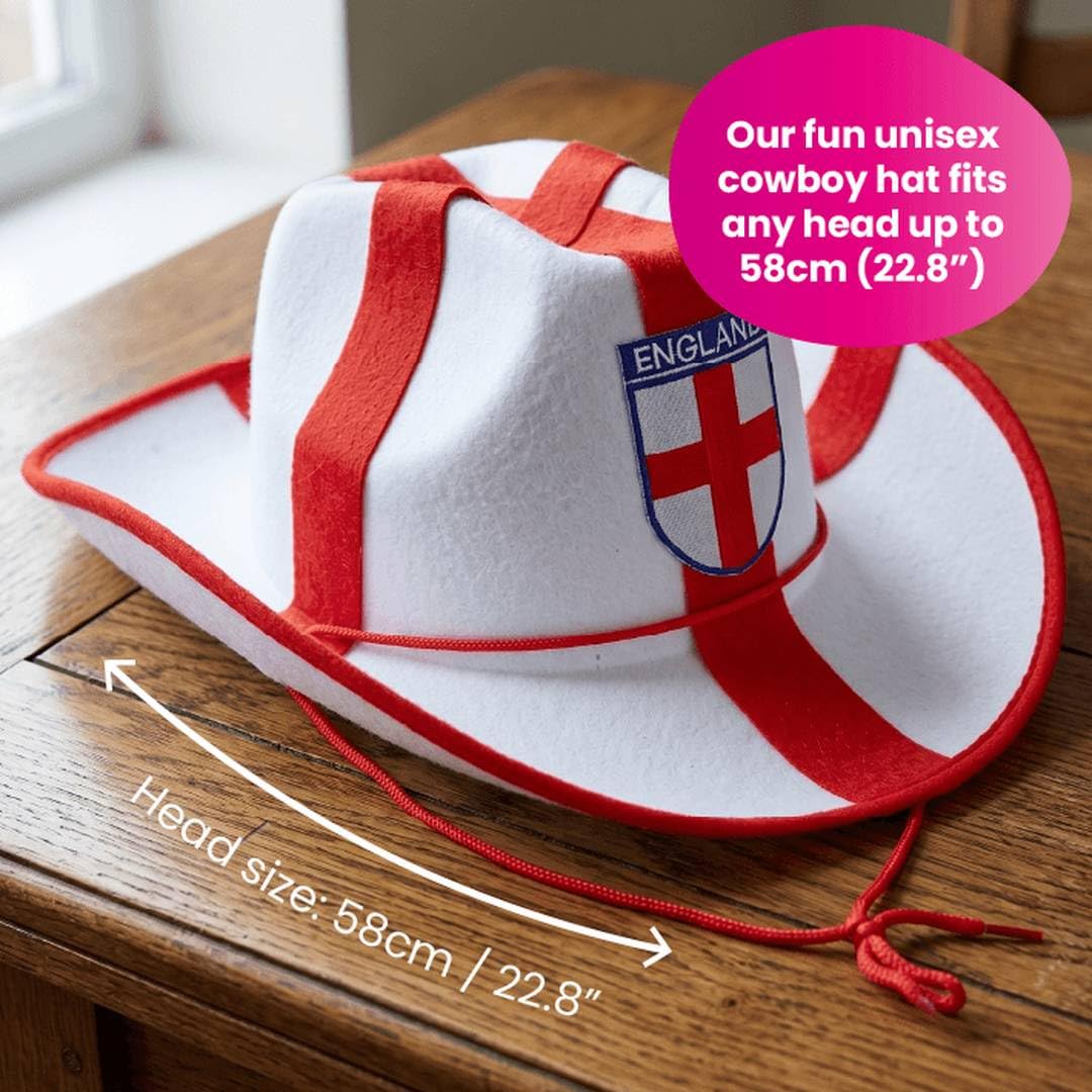 Sombrero de vaquero de Inglaterra con cruz de San Jorge, sombrero de disfraz occidental, accesorio de fiesta con bandera inglesa, accesorio para rugby, críquet, fútbol, Copa del Mundo, Euros