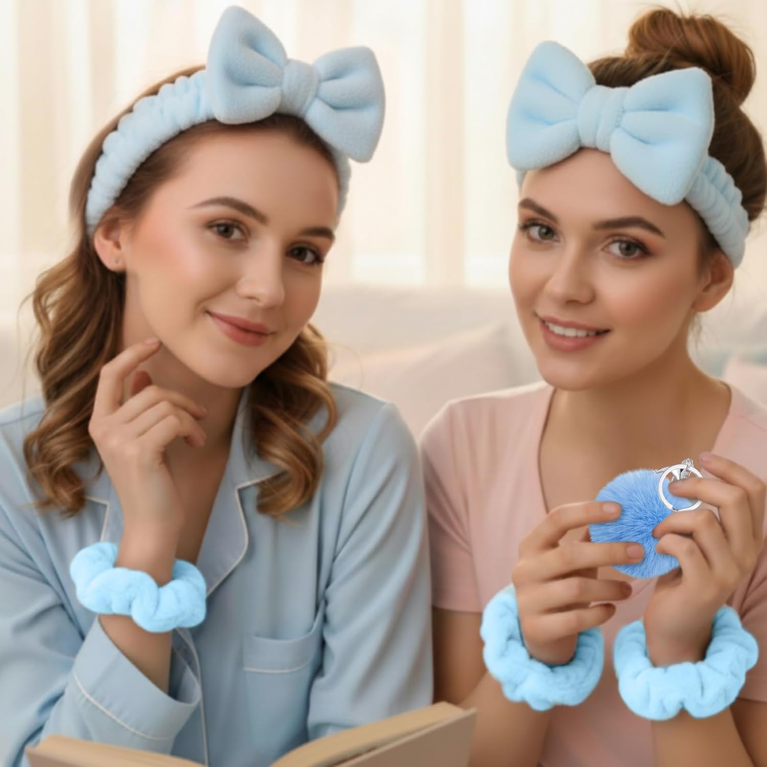 Suncalla 60 Pcs Blue Party Favors Winter Spa Sleepover Party Supplies for Women Headbands Scrunchies Snowflake Pom Keychains Organza Bags Sets for Winter Slumber Bachelorette Bridesmaid Gift