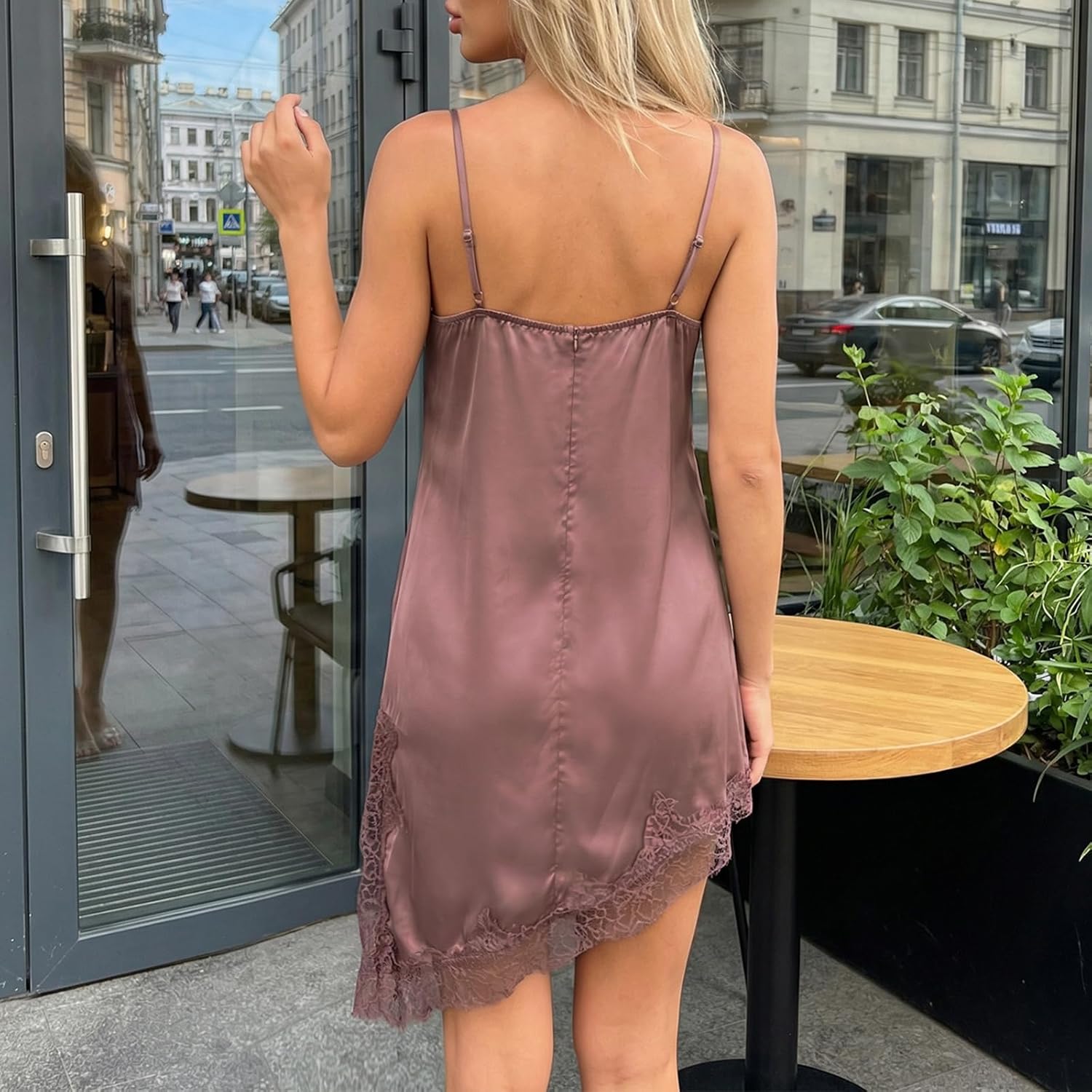 XBTCLXEBCO Women's Satin Lace Cami Top Silk V Neck Spaghetti Strap Camisole Asymmetrical Hem Flowy Long Lace Tank Slip Dress - Image 6