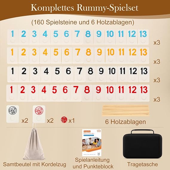 SOOPOTAY Rummy Cup Board Game For 2-6 Players - 160 Melamine Tiles, 6 Wooden Holders, Premium Case & Bag - Travel Game for Adults