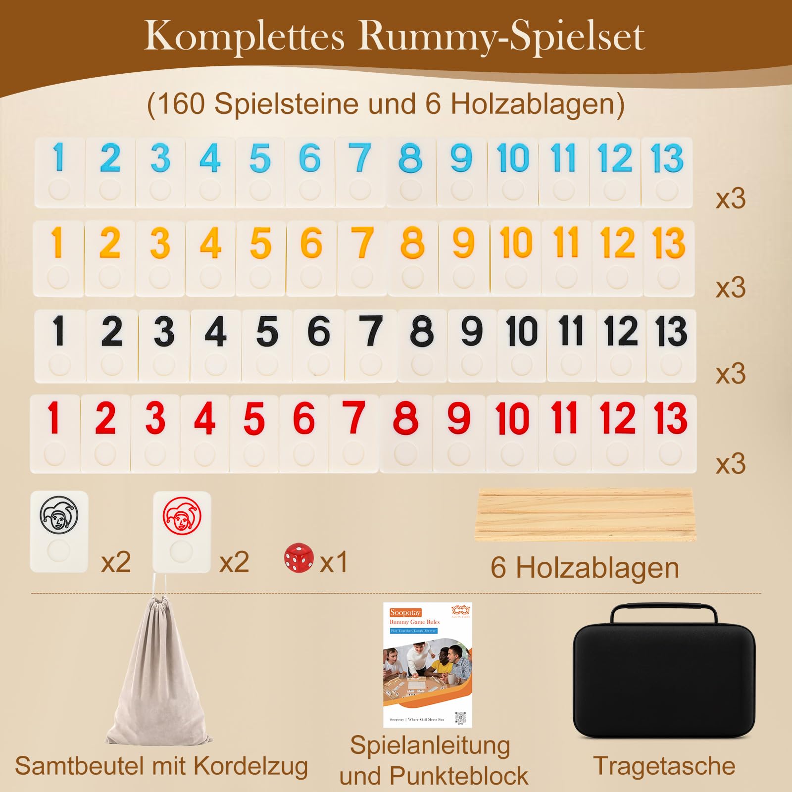 SOOPOTAY Rummy Cup - Gioco da tavolo per 2-6 giocatori, 160 piastrelle in melamina, 6 supporti in legno, custodia premium e sacchetto, gioco da viaggio per adulti