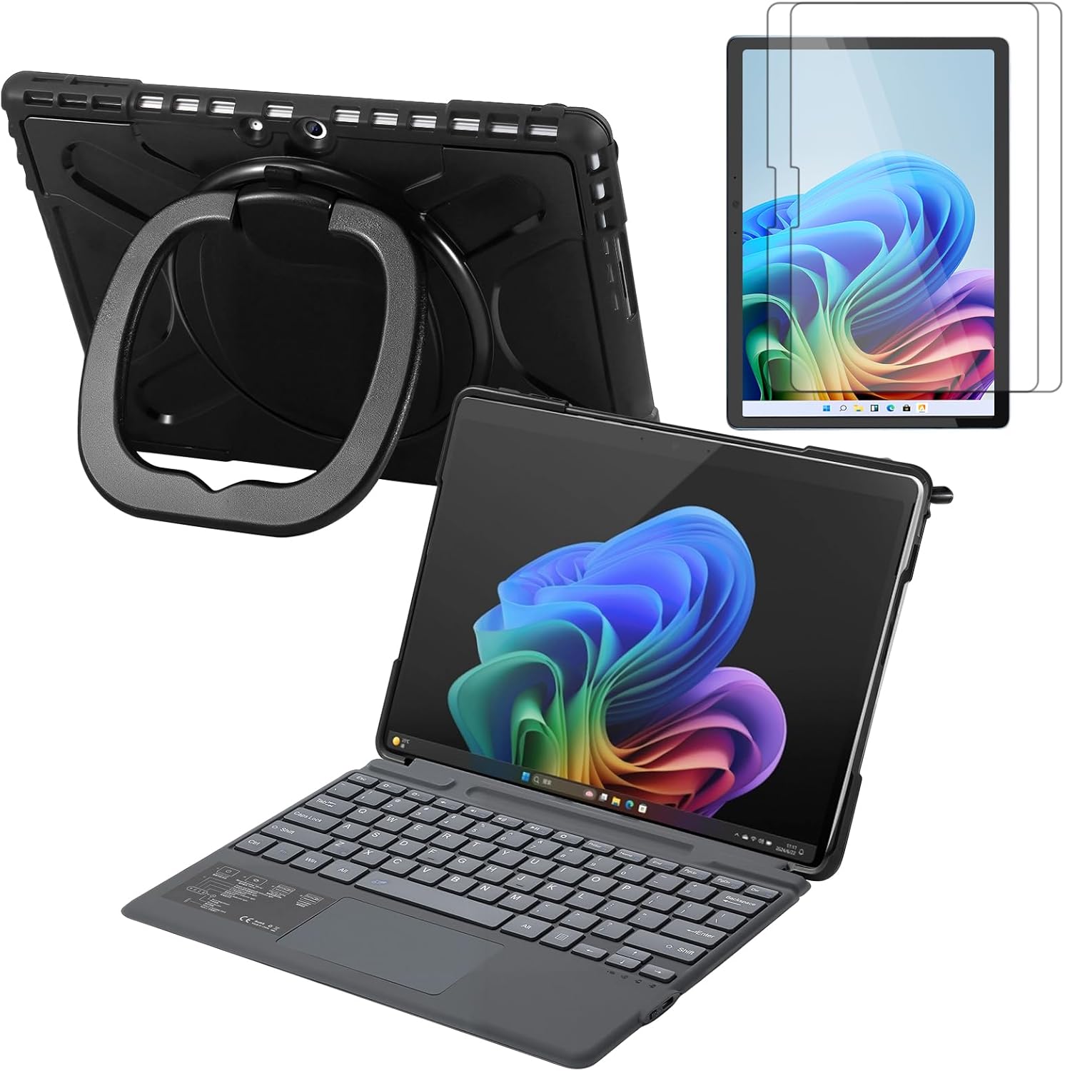 Surface Pro 11 Case with Keyboard, Screen Protector Set 13-inch 2025, Shockproof Cover for Microsoft Surface Pro 9/10/11 with Rotatable Grip/Stand, Wireless Touchpad Type Cover Keyboard-Black