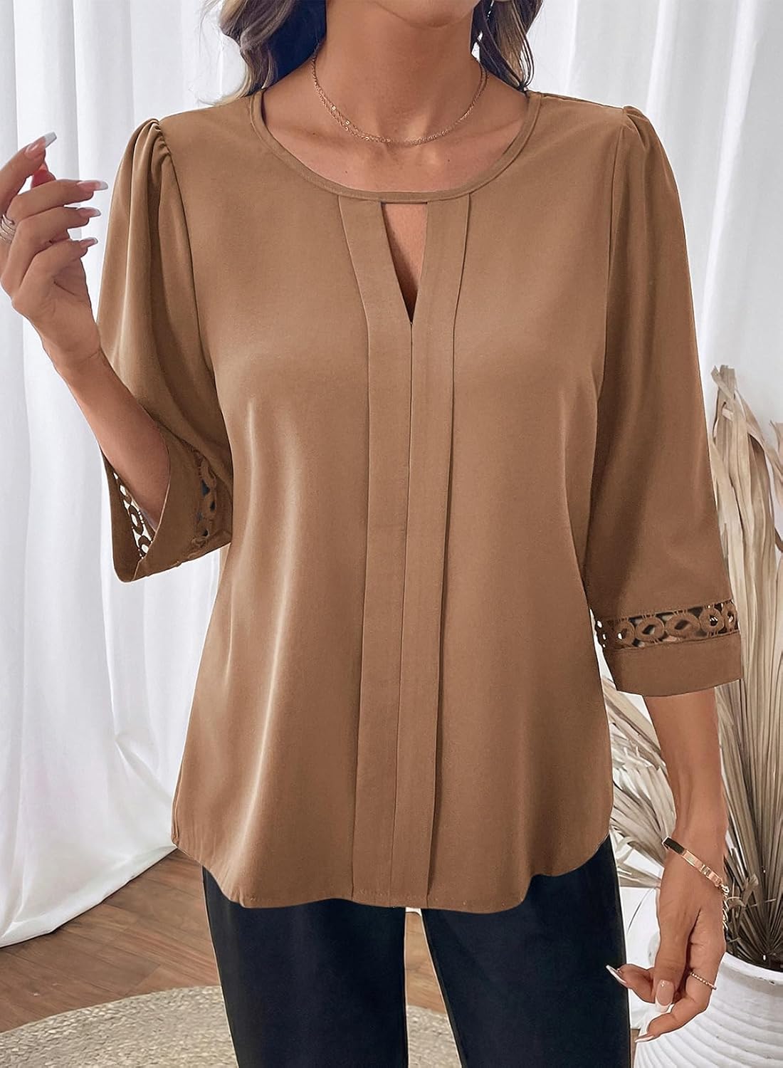 Dokotoo Womens 3/4 Sleeve Tops Dressy Blouses Crewneck Business Casual Office Shirts Clothes - Image 4