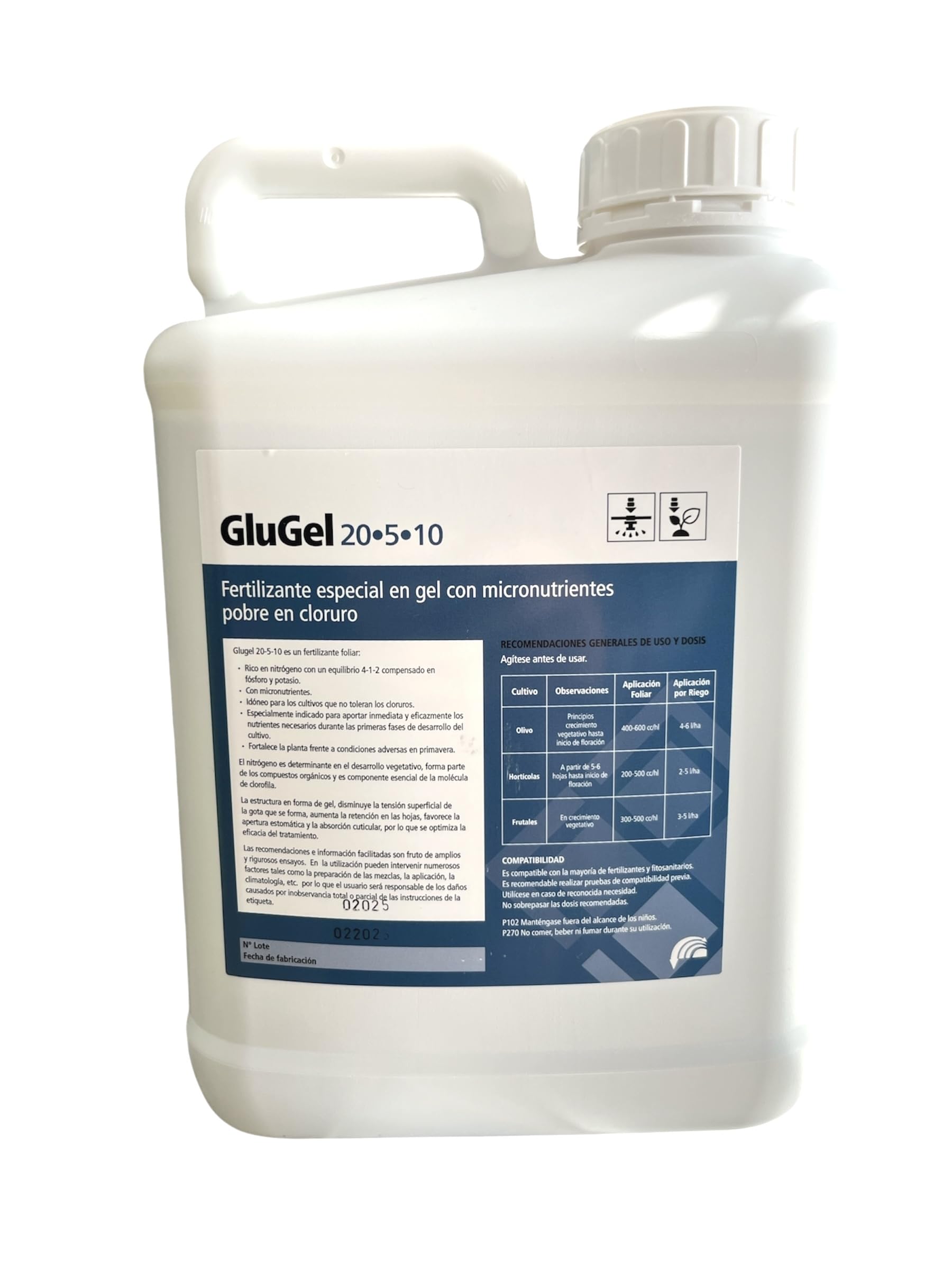 Abono fertilizante en gel especial con micro nutrientes 5L. Glugel NPK 20-5-10 sin cloruro.