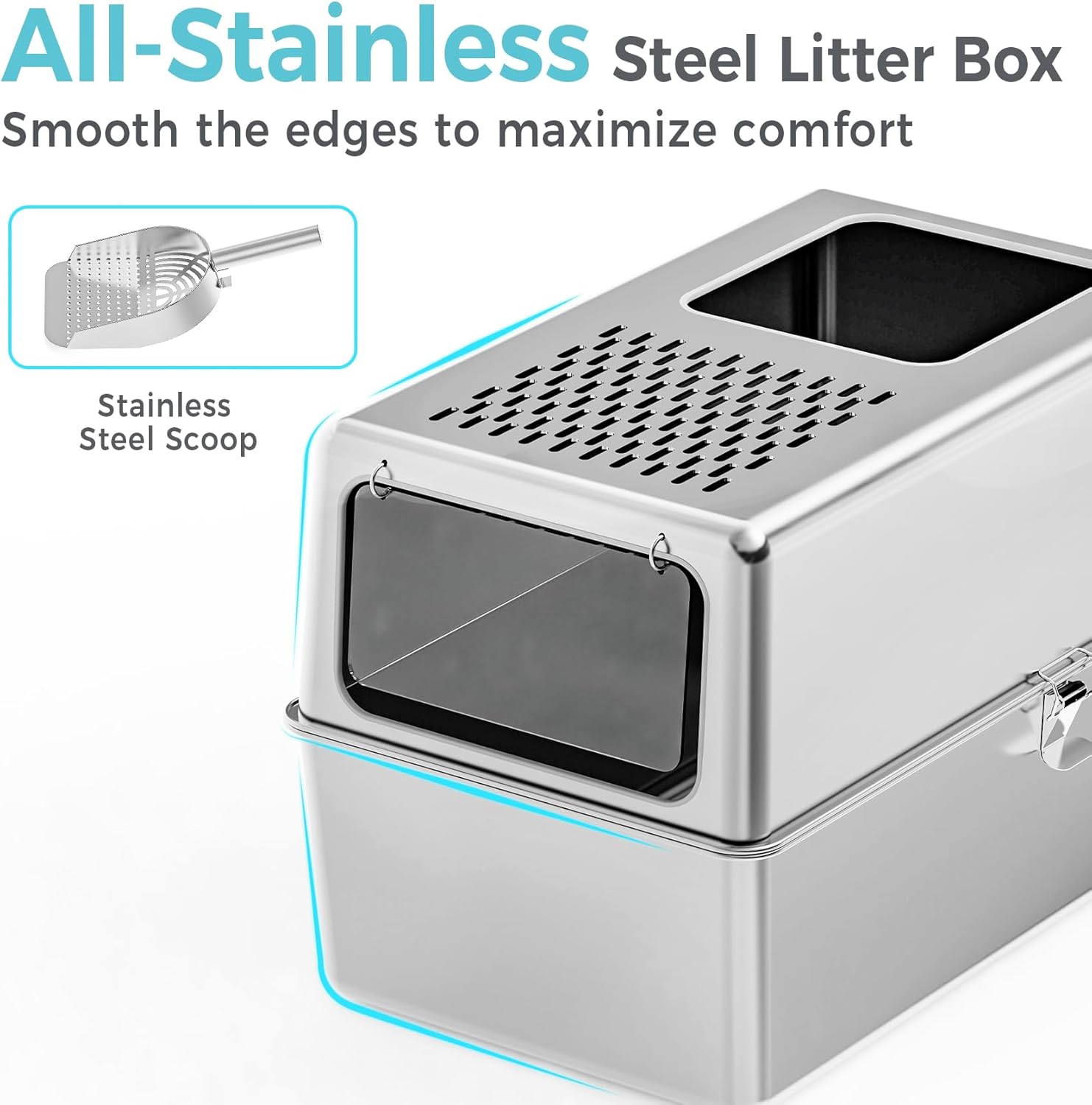 Extra Large Enclosed Stainless Steel Litter Box with Lid, 23.6"x17.7"x15.7" High Sided Metal Cat Litter Box for Indoor Cats, Covered Dog Proof Kitty Litter Pan, Odor Free, Non Sticky, XL