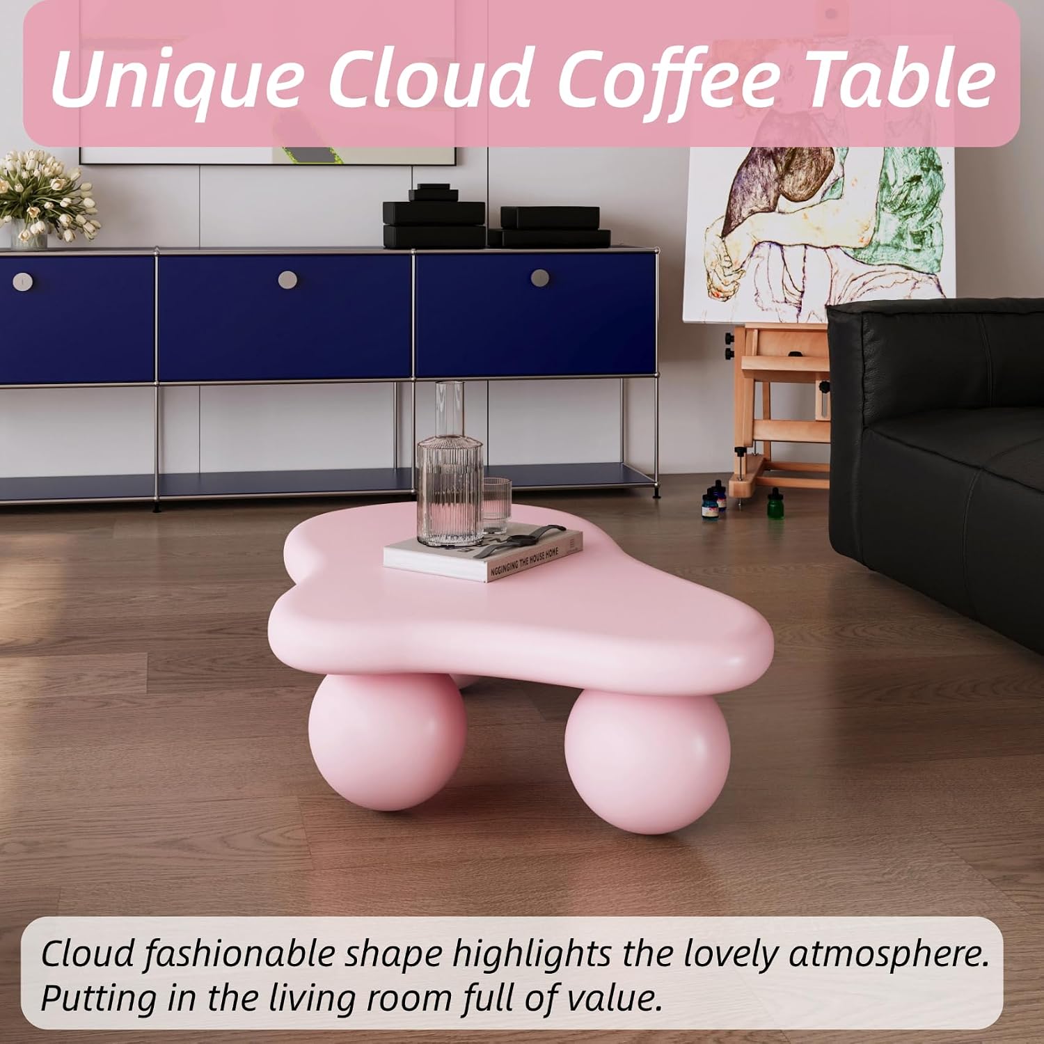 40" Cloud Coffee Table with Round Edge, Modern Coffee Table with 3 Ball Legs, Accent Unique Center Tables for Living Room, Balcony, for New Home, Easy Assembly, Pink