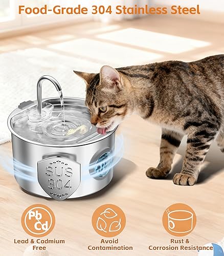 Miniatura 4 de Fuente de agua para gatos de acero inoxidable de 108 oz3.2 L, fuente de agua automática para mascotas para gatos y perros, fuentes de metal ultra