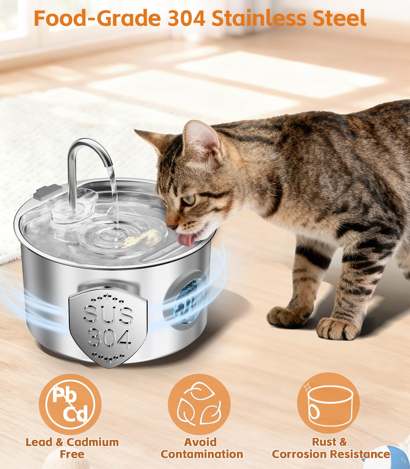 3.2L Katzenbrunnen Edelstahl mit 3 Filtern Trinkbrunnen für Katze Katzenbrunnen für Katzen mit Wasserstandsfenster Ultra leise Wasserbrunnen für Katzen Cat Water Fountain mit LED Licht