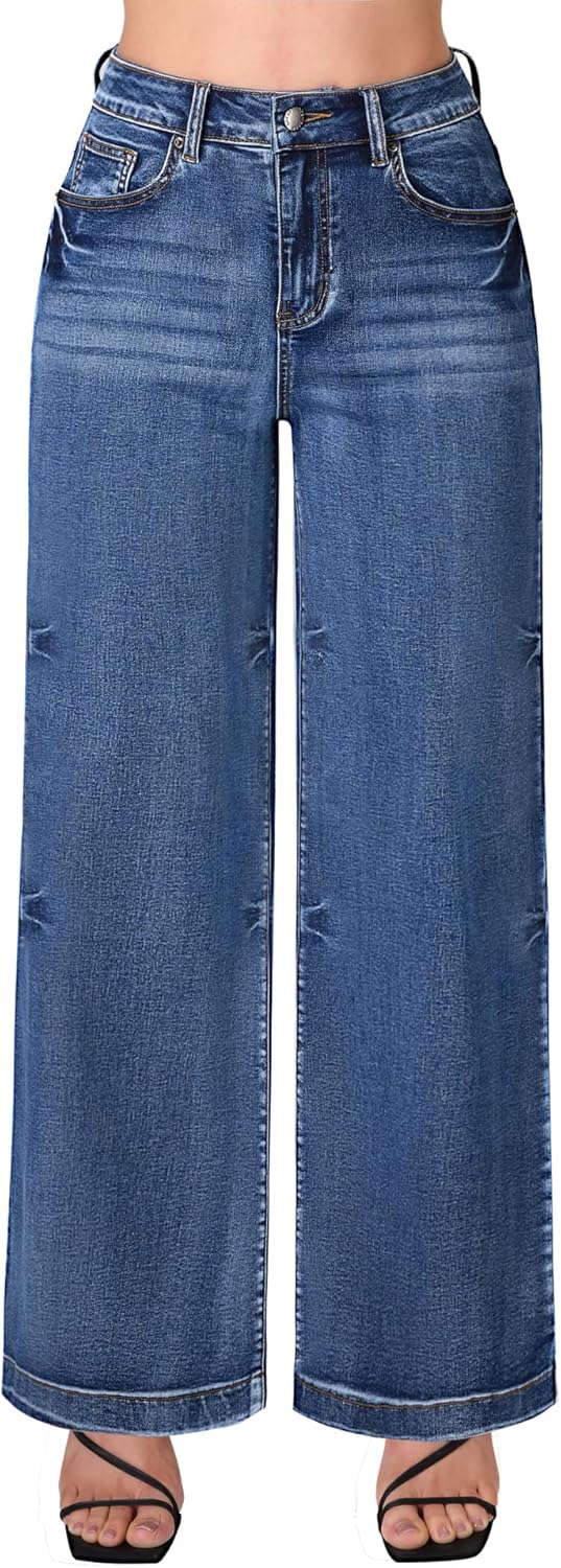 roswear Women's Wide Leg Jeans High Waisted Stretchy Denim Trouser Pants