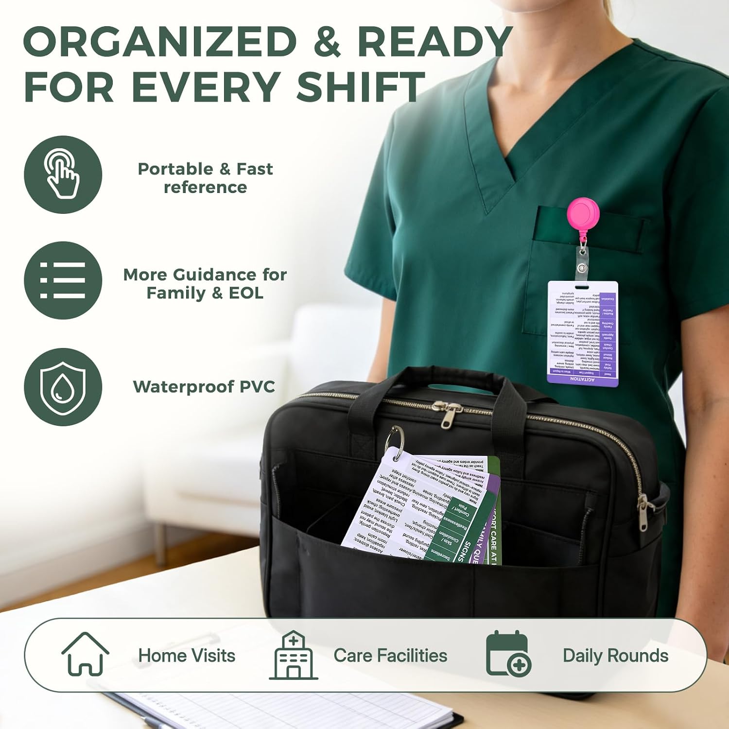 Hospice Nurse Essentials Cards with Badge Reel, 11 Badge & 3 Support Cards | Home Health Nurse Essentials with 14 Waterproof PVC Cards, Hospice Care Supplies PPS | FAST | KPS | NYHA-ECOG for Nurses Work