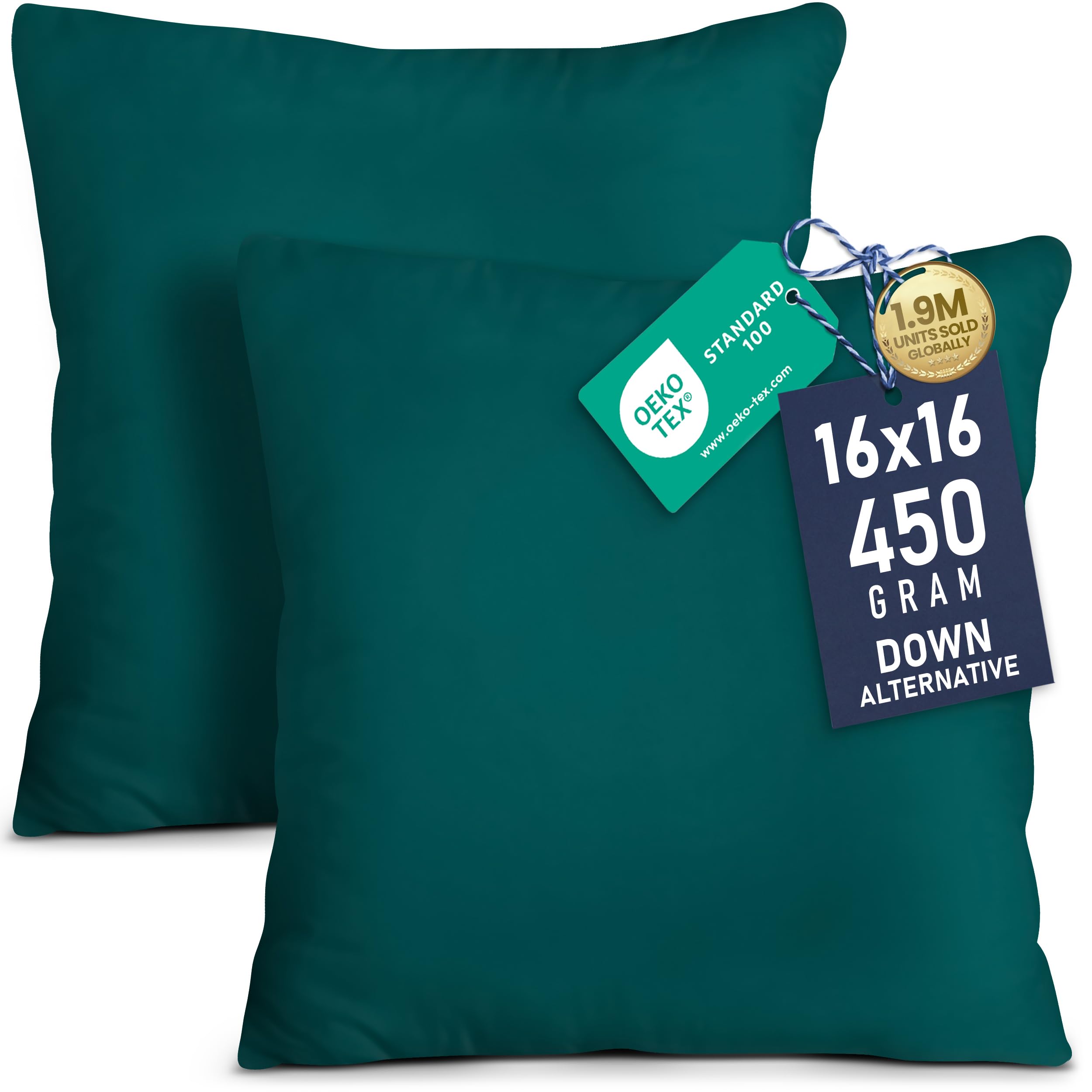 Utopia Bedding 16x16 Pillow Inserts, Set of 2, Dark Teal – Indoor Decorative Throw Pillows for Bed, Sofa & Couch – Soft, Supportive & Fluffy Cushion Inserts