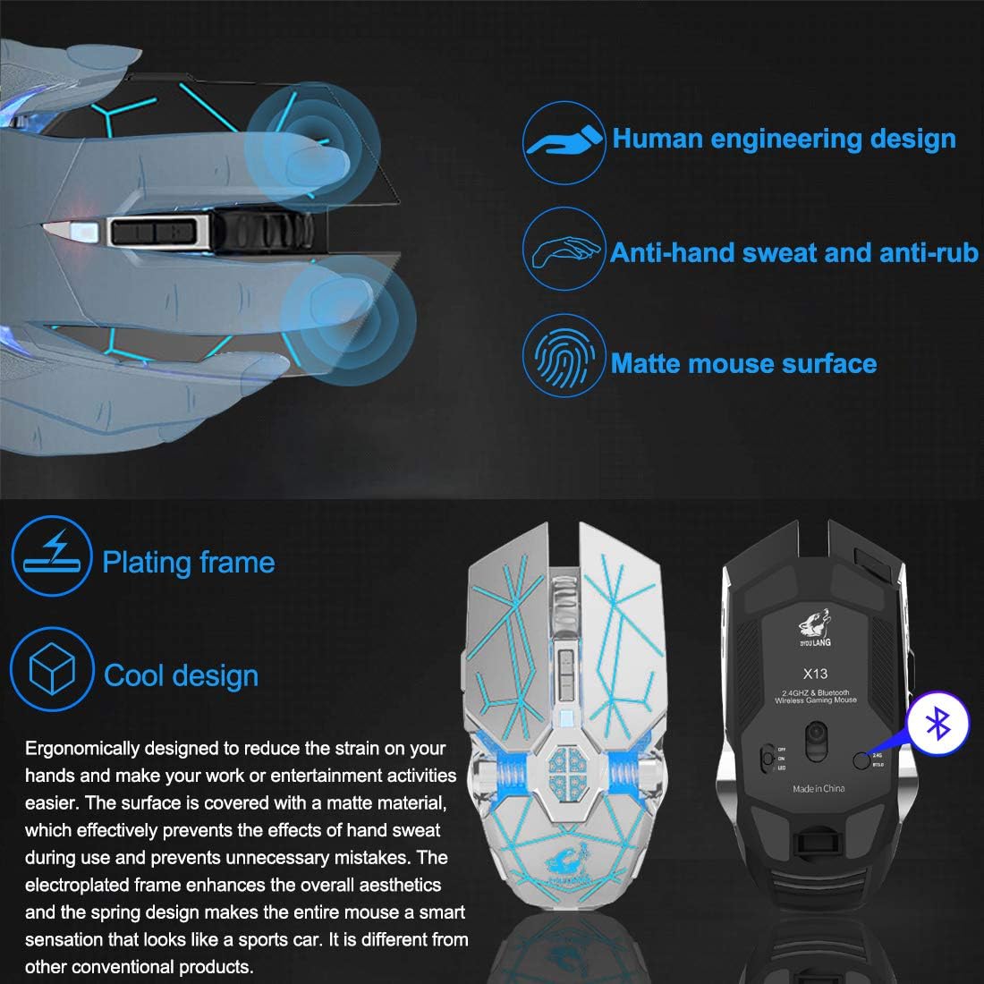 Wireless Bluetooth Gaming Mouse Rechargeable with 7 Button Rainbow RGB Multi Color Breathing Backlit 3 Adjustable DPI Ergonomic Grip Slient Click Power Saving Mode for PC Mac Gamer Officer(StarWhite)