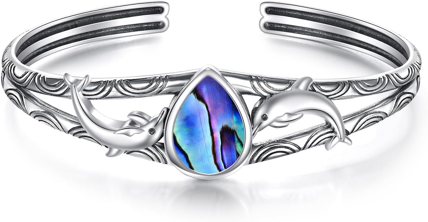 Abalone Shell Ocean Animal Cuff Bracelet for Women, 925 Sterling Silver Vintage Nature Open Bangle, Summer Beach Holiday Jewelry Gifts