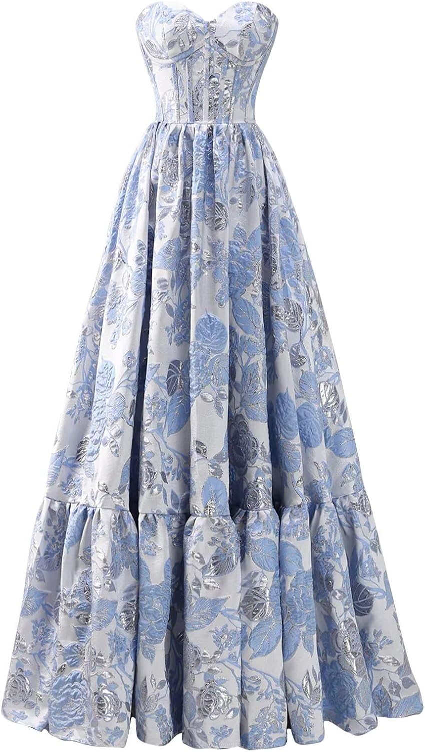 Blue Prom Dress Long Ball Gown Satin Floral Jacquard Liberia | Ubuy