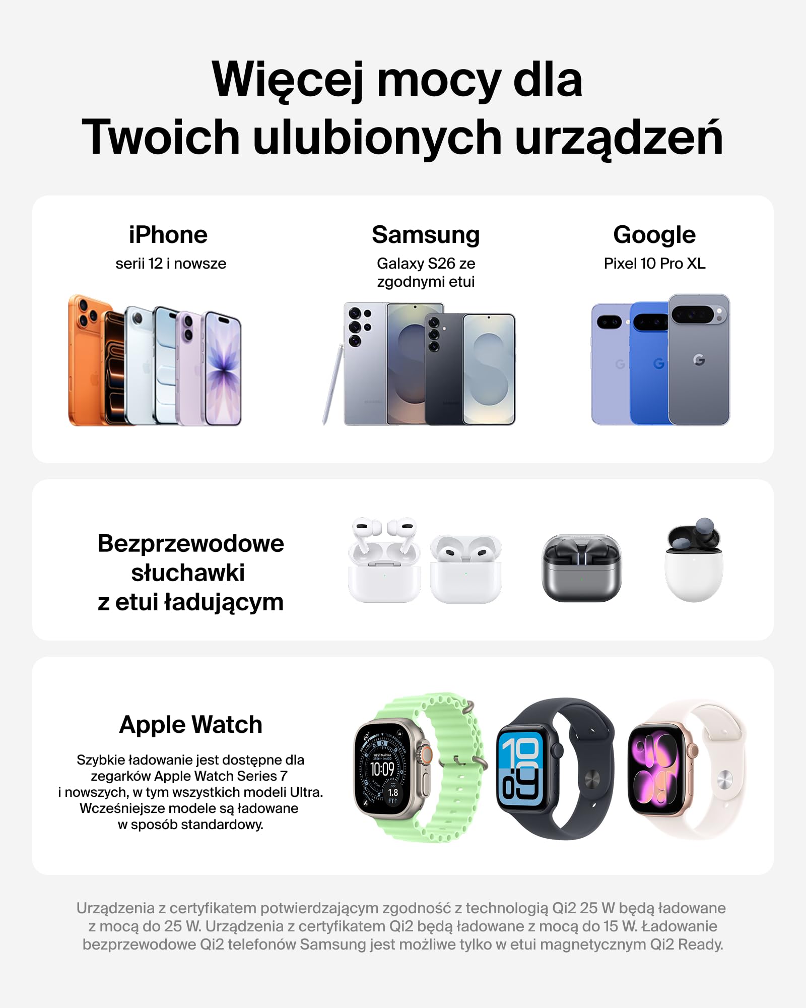 Belkin UltraCharge Bezprzewodowa Stacja Ładująca 3 w 1 z Qi2, 25 W – Biała | Zgodna z MagSafe Ładowarka do Urządzeń iPhone, Apple Watch i Słuchawek, Certyfikat Qi2.2, z Kablem USB-C i Zasilaczem 45 W