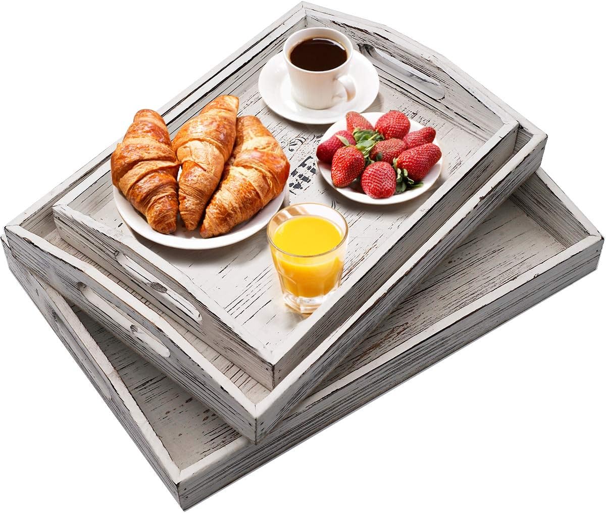 Wood Serving Tray Nesting Decorative Trays Set of 3 with Cutout Handles for Breakfast, Bar, Coffee Table