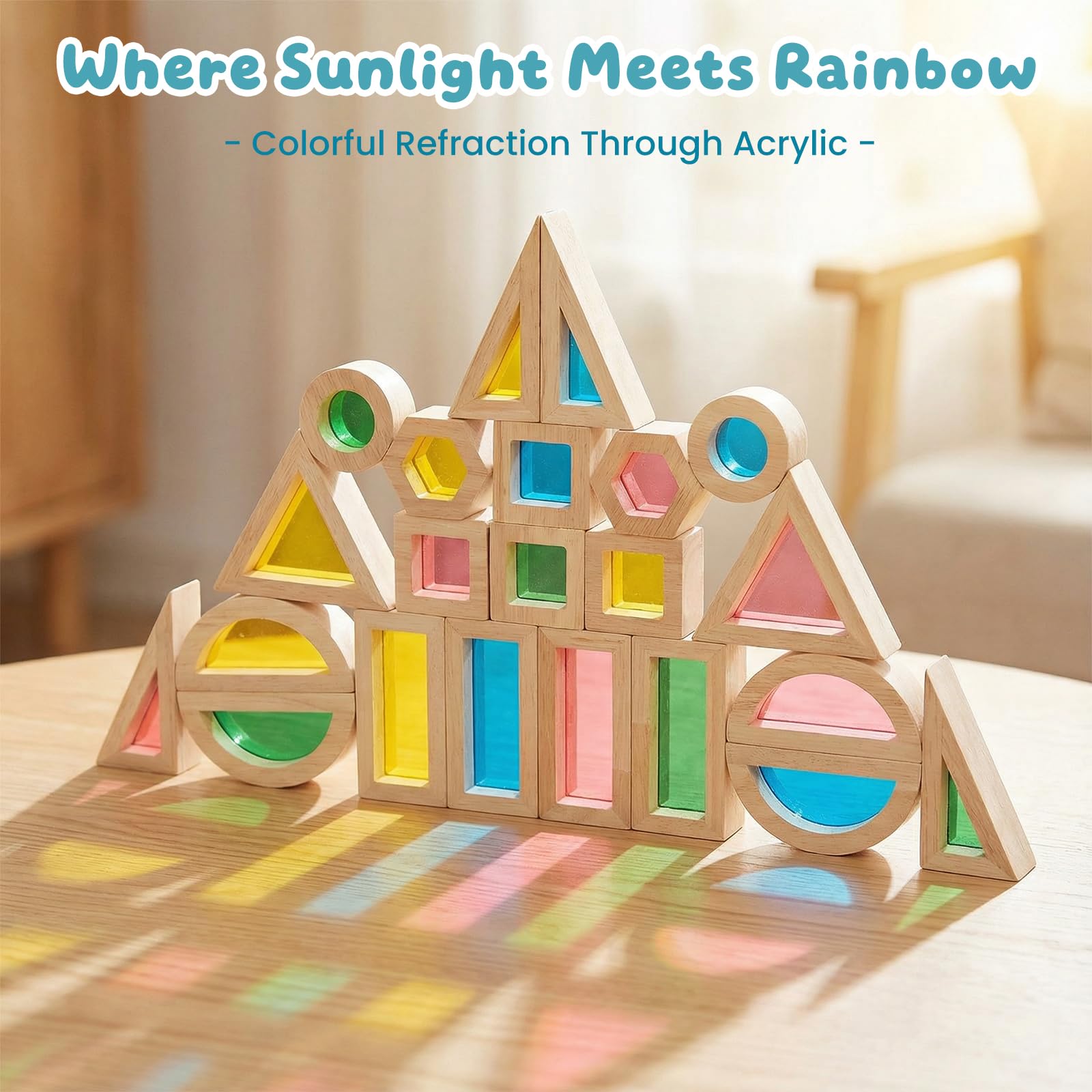 WOODENFUN 32 Pièces Blocs de Construction Arc en Ciel Acryliques Montessori Jouet pour Enfants en Bois de Caoutchouc Blocs Acryliques Transparents Arc en Ciel (22pcs)