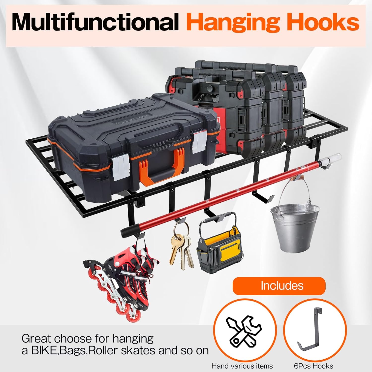 Condition photo showing New/Like New for colinktool garage wall shelving, 2x4ft garage storage rack,heavy duty wall mounted storage shelf with 12 pc hooks-each loads 260lbs metal wall shelf,black,2pack