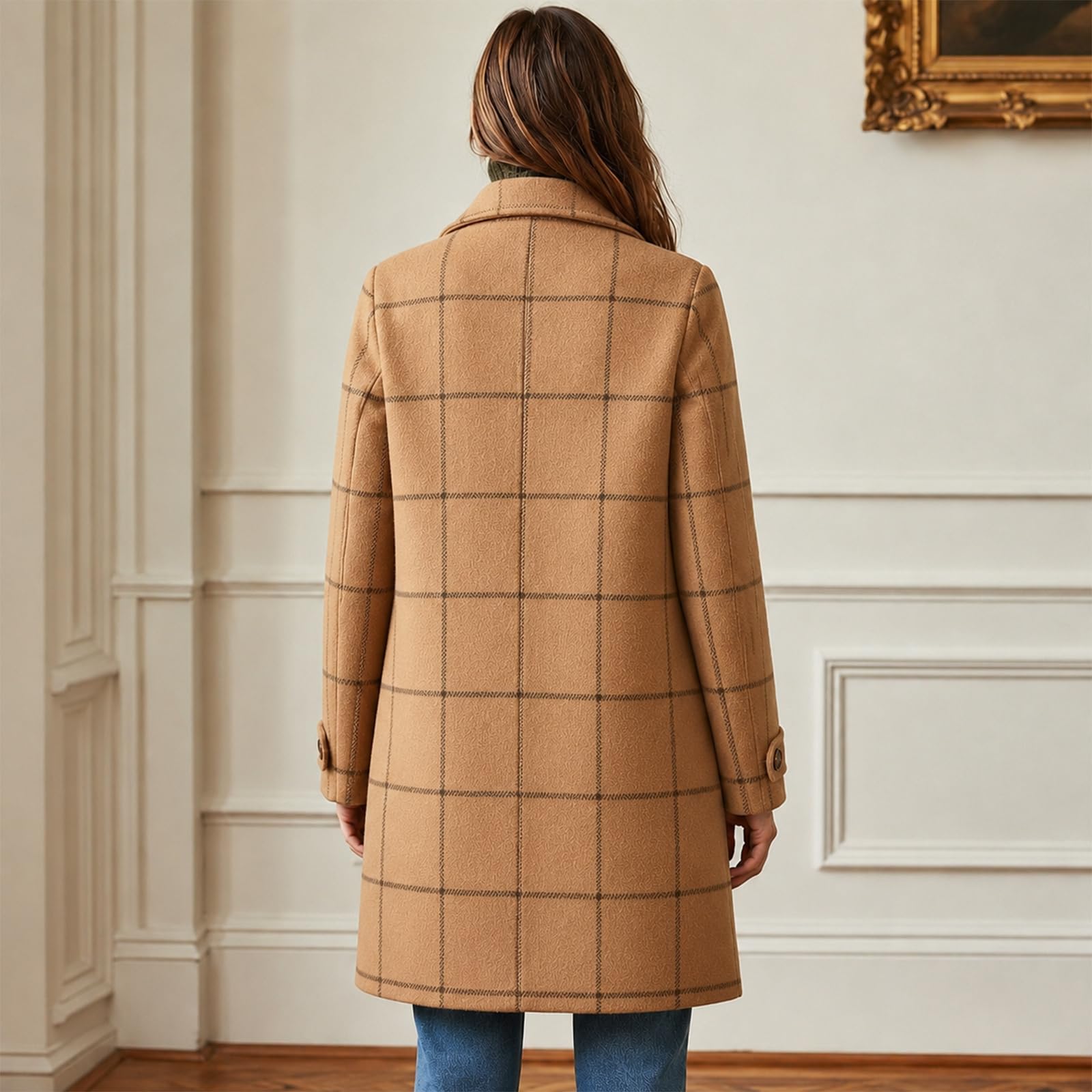 FUPODD Wintermantel Damen Wolle Lang Kariert Wollmantel Elegant Trenchcoat