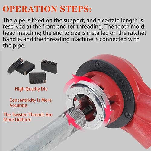 Miniatura 4 de LOYALHEARTDY Trinquete de enhebrador de tubos, con 7 matrices, juego de roscadores de tubo de trinquete 38 ", 12", 34", 1", 1-14", 1-12", 2 "juego