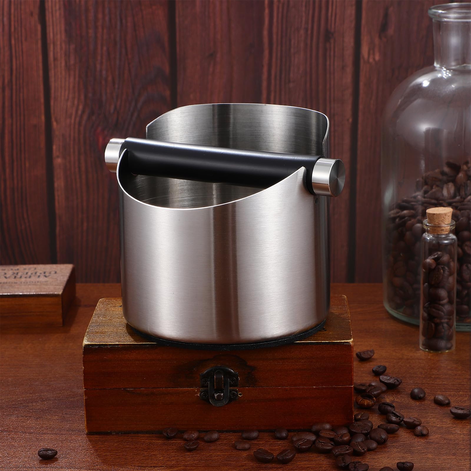 Hohopeti Acero Inoxidable Cubo de Restos de Café con Barra Extraíble | Base Antideslizante de Silicona, Estructura Estable y Uso Fácil, para Restaurantes y Bares