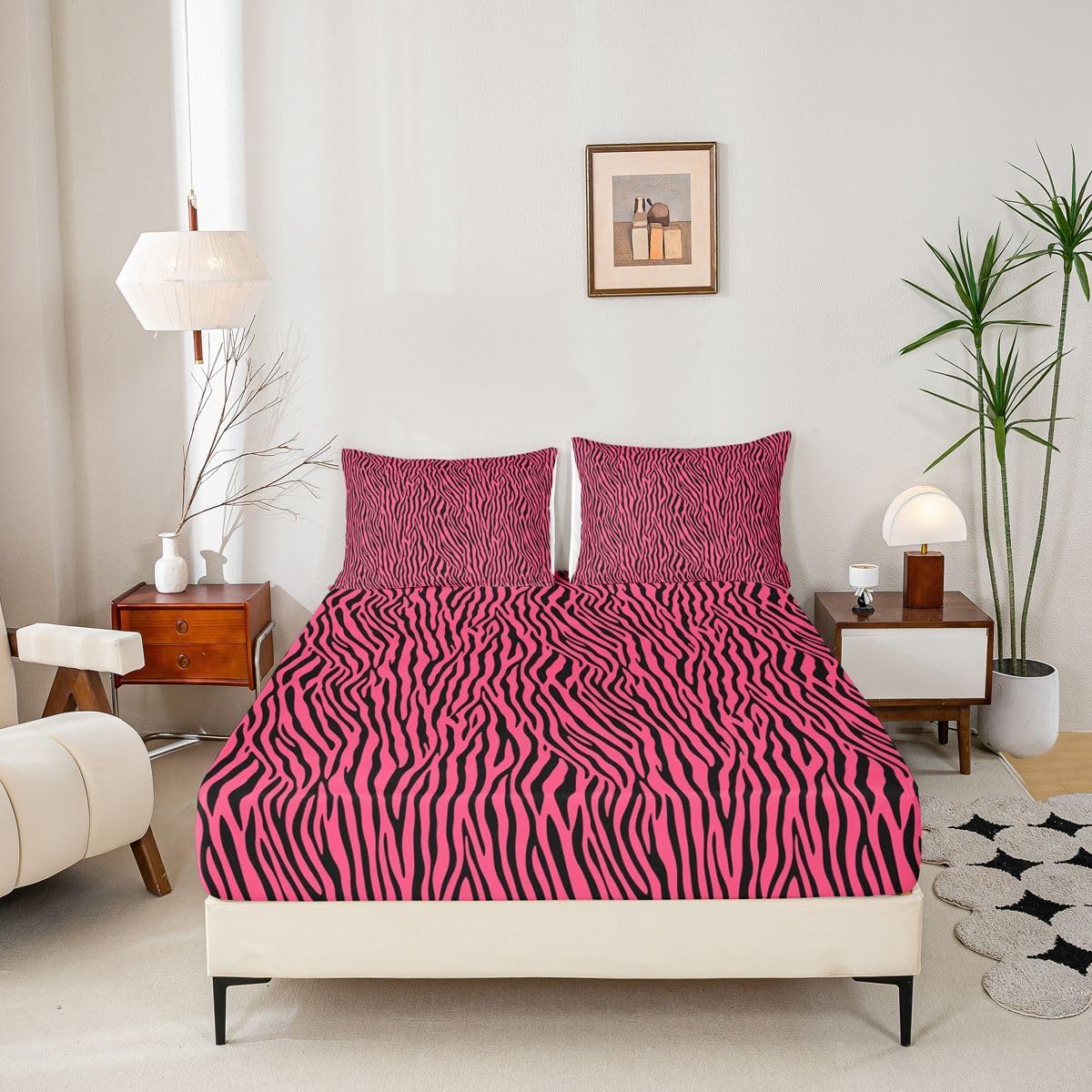Girls Pink Black Sheet Sets Zebra Stripes Fitted Sheet Safari Animal Print Bedding Set for Boys Girls Kids Room Decor Zoo Animal Fur Print Bed Cover No Flat Sheet Full Size with 2 Pillow Case