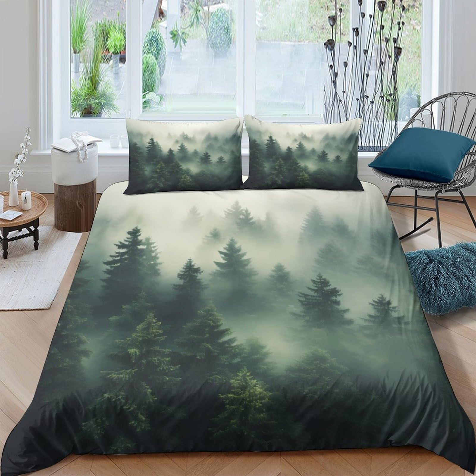 Ctjqhvkz Style-3 3D Printed Misty Forest Fitted Sheet Microfiber Soft Green Pine Tree Bed Sheet For Bedroom Guest Room Decor Single（135X200cm）
