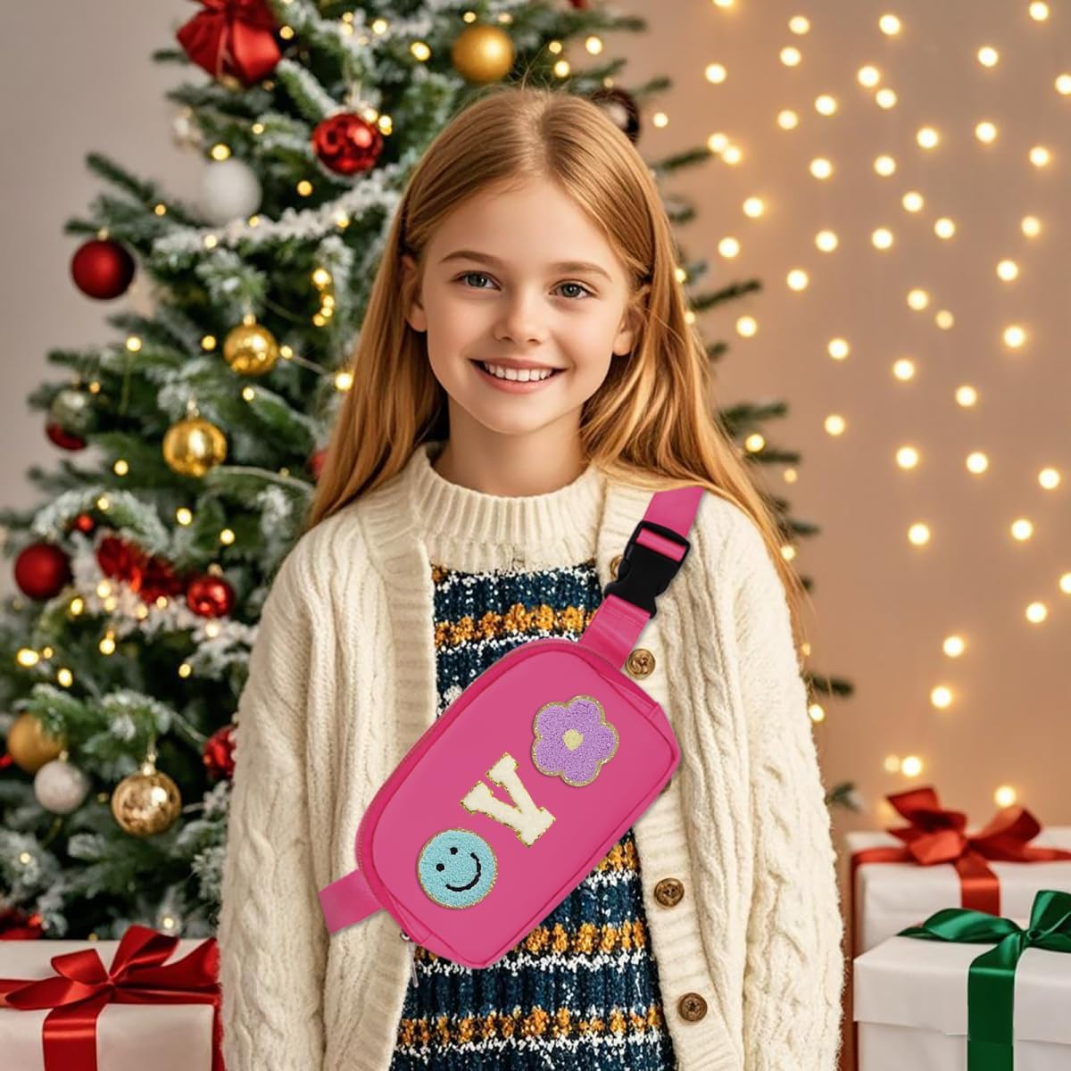 Fanny Pack for Girls Pink Kid Crossbody Bag Chenille V Letter Preppy Belt Bag, Christmas Birthday Easter Gifts for Teen Daughter Sister, Personalized Nylon Purse for 4 5 6 7 8 9 10 Year Old Girls - Image 6