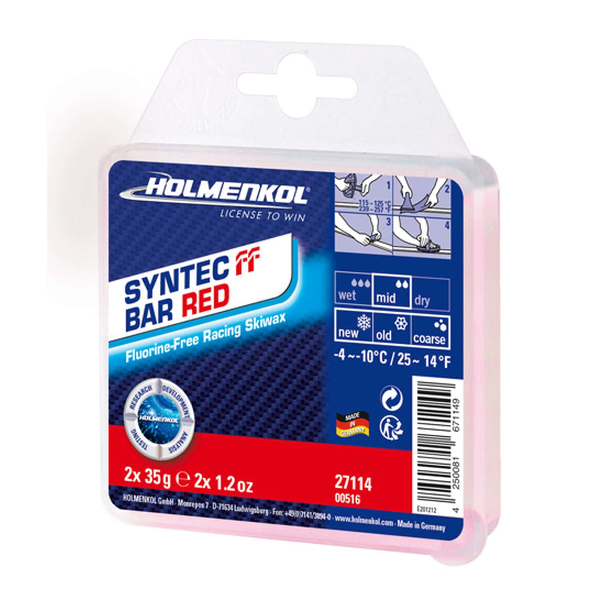 Holmenkol Syntec FF bezfluorowy wosk wyścigowy – wosk do nart Bar 70 g (-4° do -10°C, wosk do prasowania) czerwony