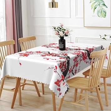60x84inch Asian Tablecloth Plum Tree Blossoms Chinese Traditional Ink Painting Rectangular Table Cover Waterproof Winkle Free Polyester Fabric Table Cloth for Dining Room Kitchen Home Decor