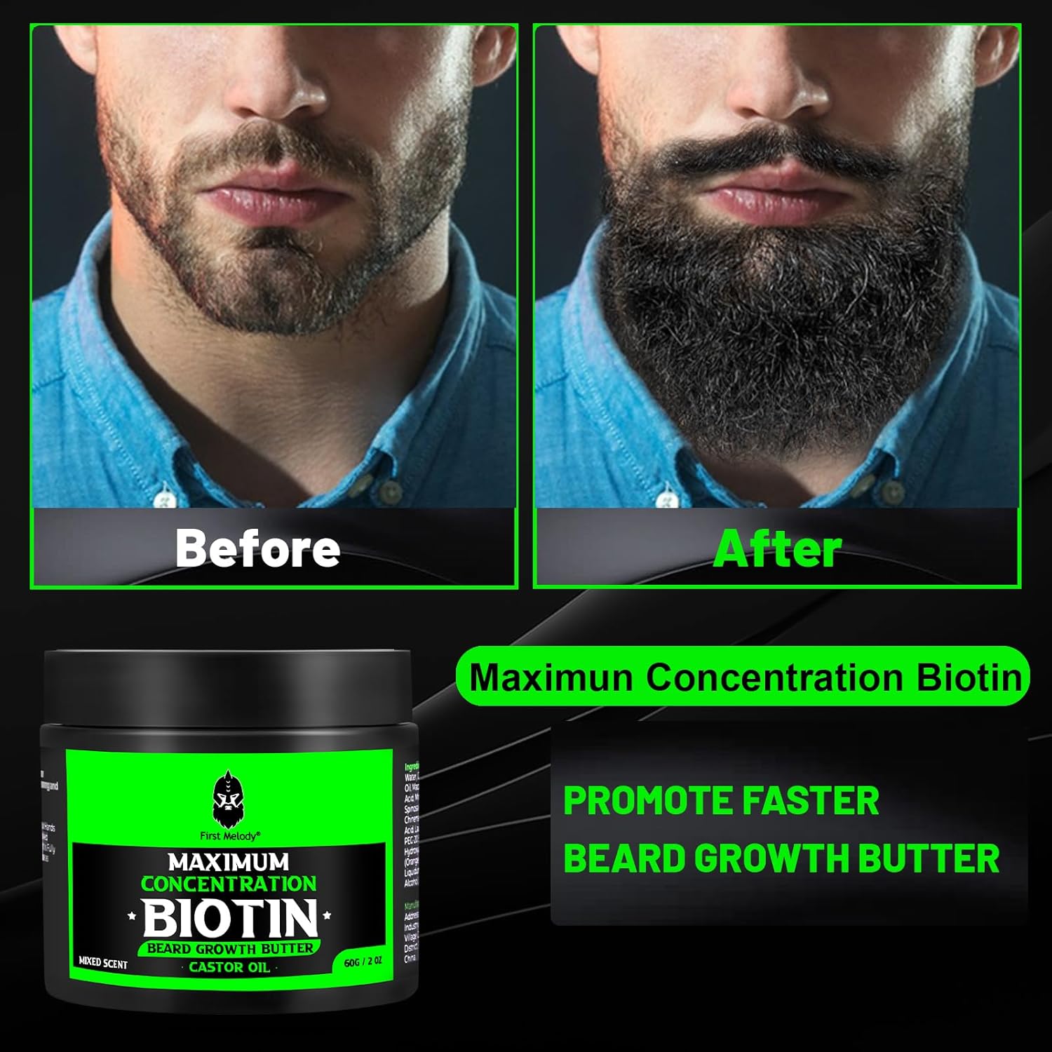 Beard Butter-Maximum Concentration Biotin,with Castor Oil and Argan & Jojoba Oils, Promotes Beard Growth, Styles, Strengthens & Softens Beards ,Unruly Beards While Relieving Itch,2 Ounce*2(2 Pack) - Image 2