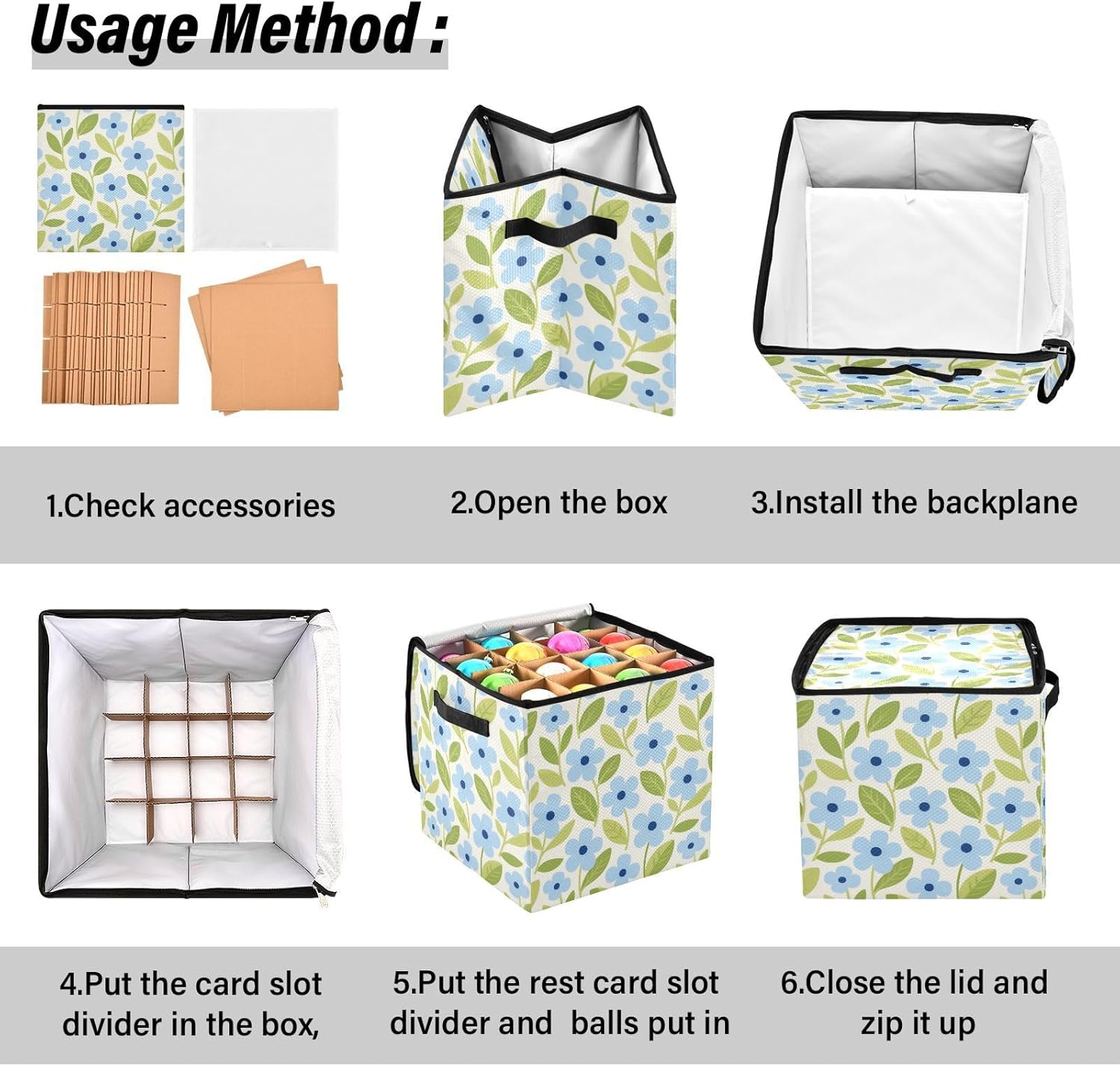 High Capacity Christmas ornament storage Holds Up to 64, Adjustable Dividers, Zippered Top, Two Handles handy Holiday Storage Case with Lid,Spring Minimalist Blue Floral