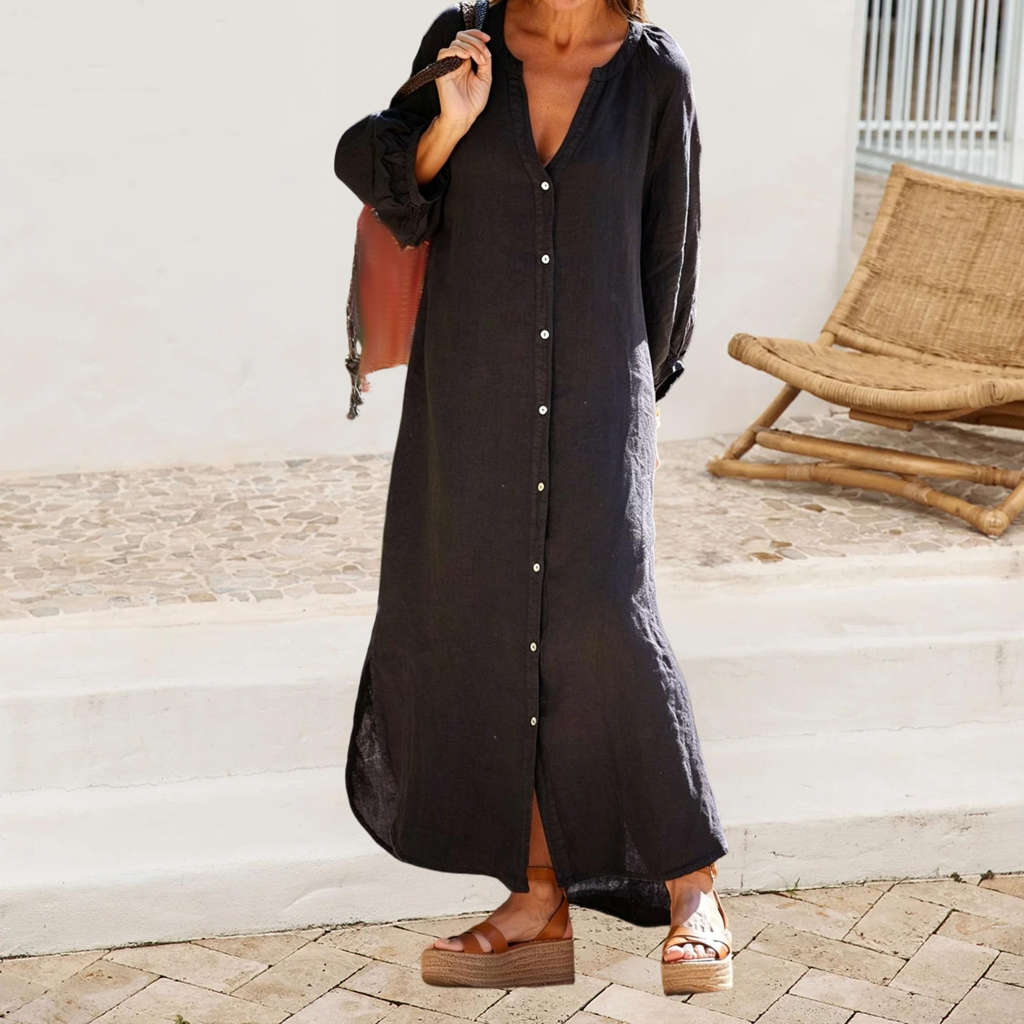 Vestido Largo De Mujer De Algodón Y Lino con Botones, Mangas Farol, Abertura Lateral, Vestido Playero Holgado con Bolsillos. Black XX-Large