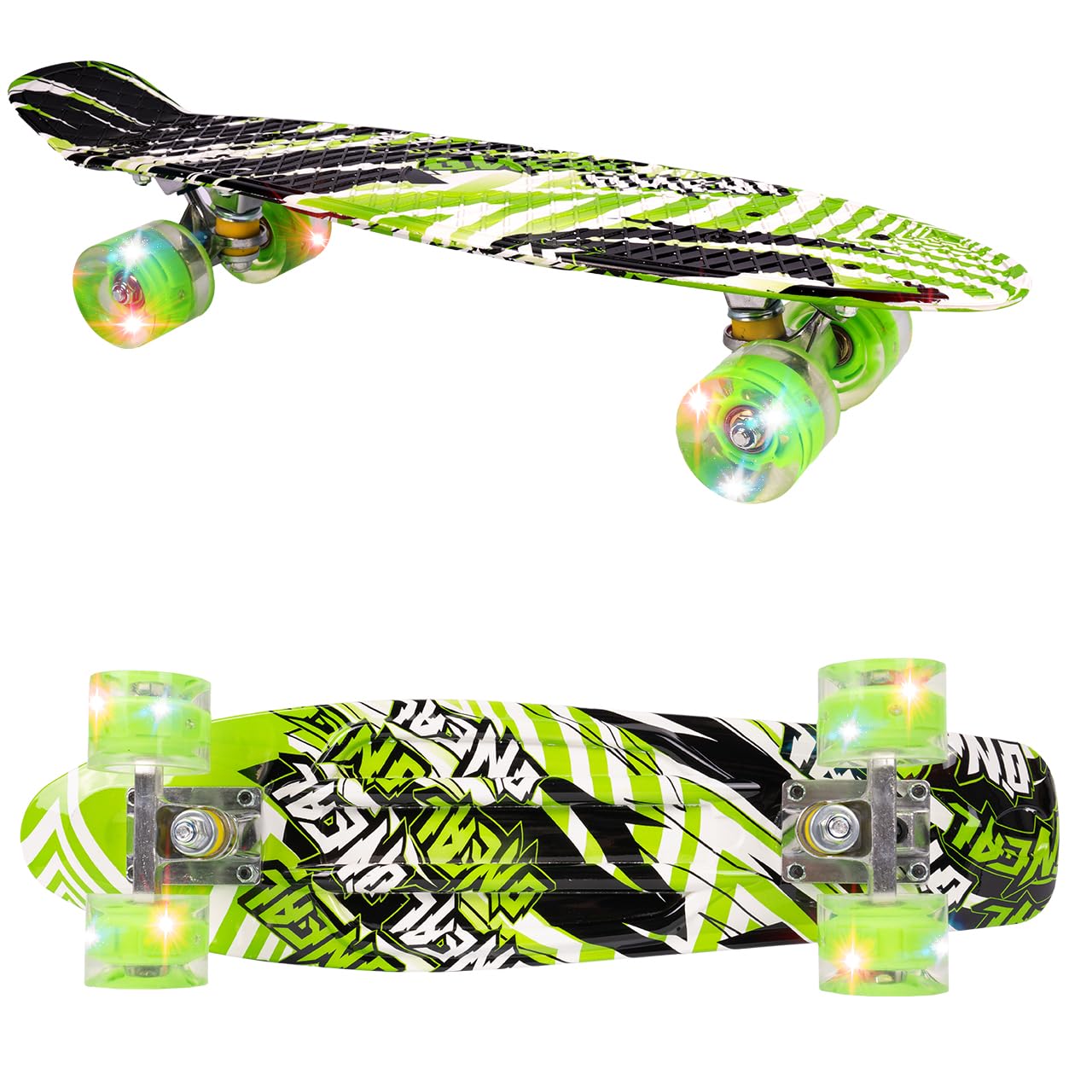 Malplay Mini Skateboard mit Leuchtende RGB LED-Räder | 22" Cruiser Board für Kinder und Jugendliche | Kinderskateboards | Gute Wahl für Anfänger | ab 6 Jahre | 56cm | Grün