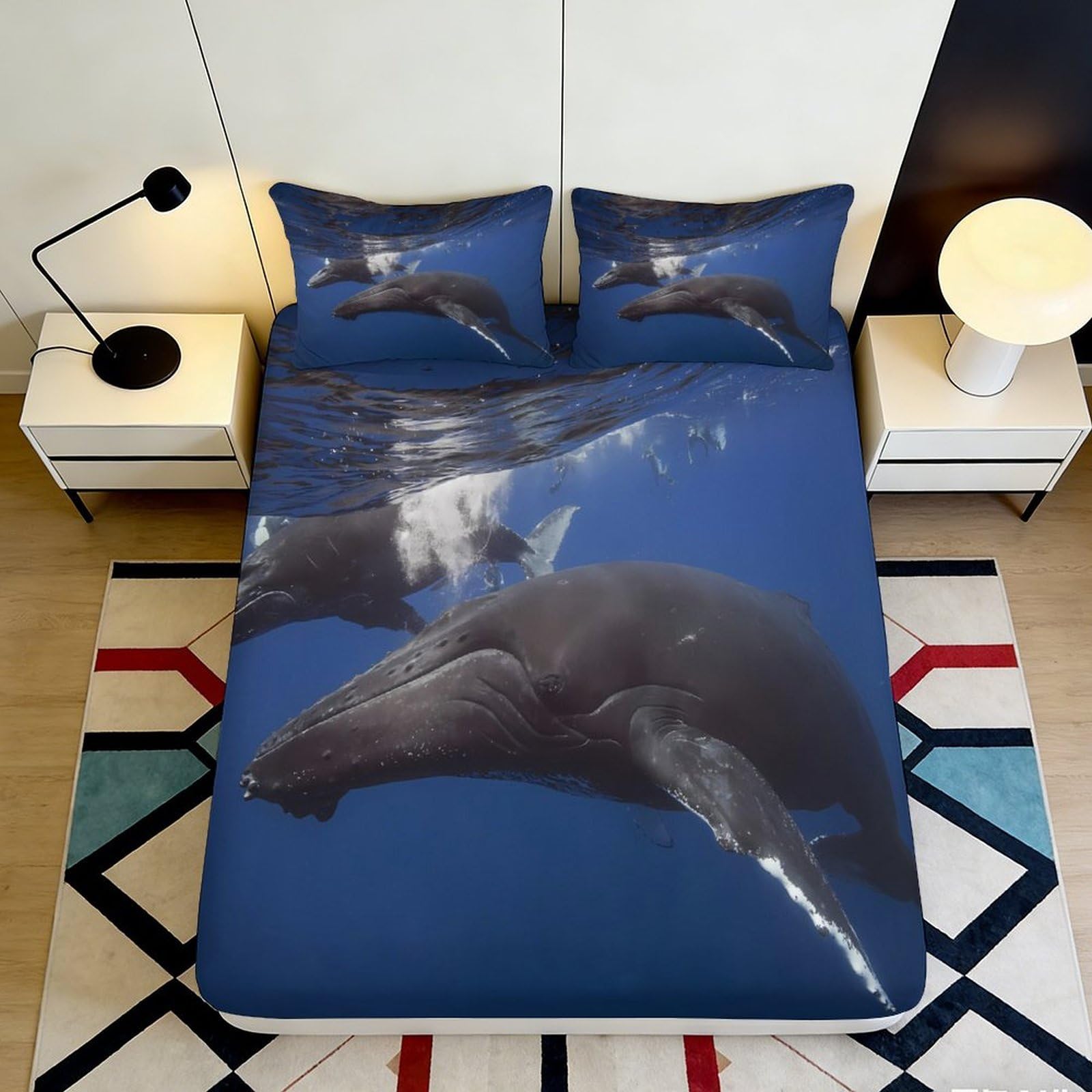 3D Printed Ocean Whale Fitted Sheet Microfiber Soft Mattress Cover Blue Sea Animal Bedroom Decor Protector 120x200x25cm