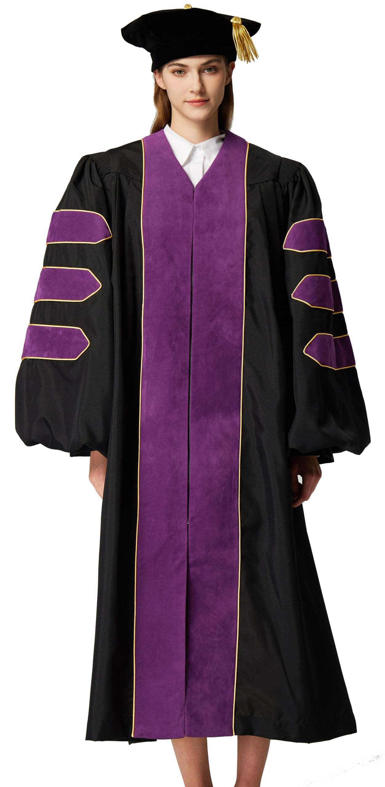 Vestido de graduación de doctorado unisex de lujo y paquete de 8 lados con ribetes dorados