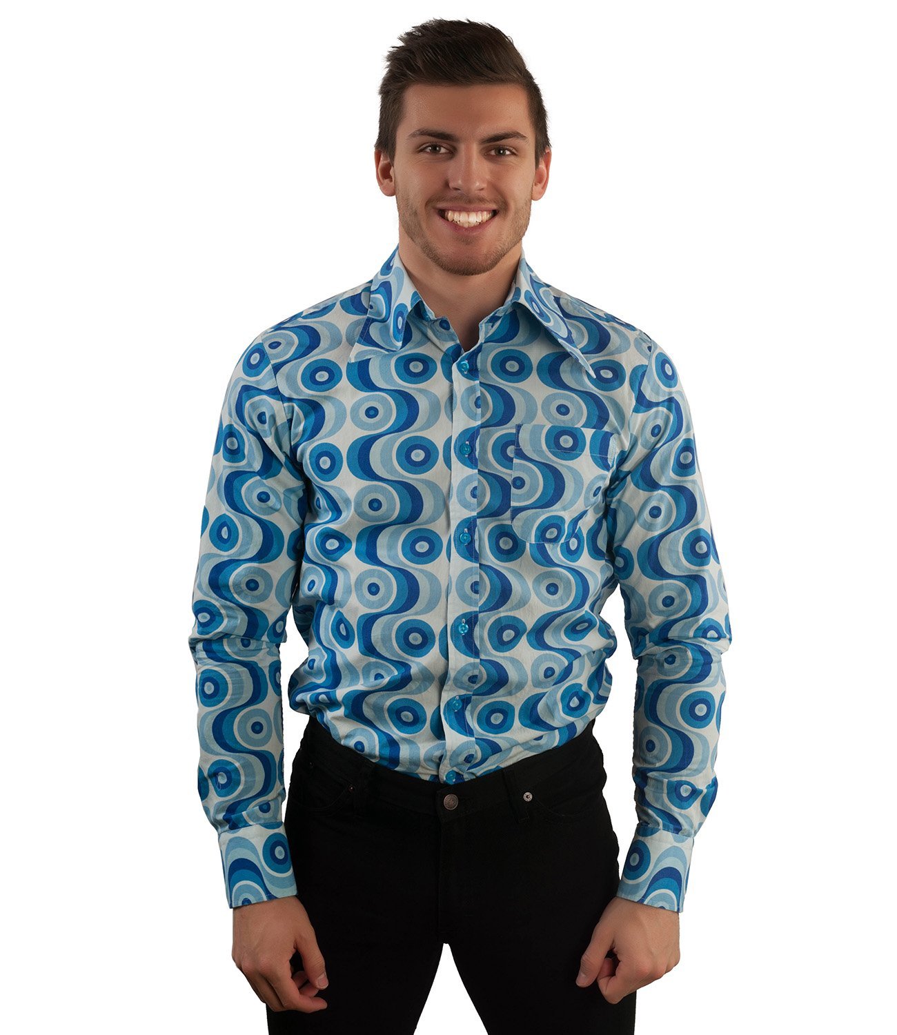 Comycom 70er-Jahre Muster Herren Freizeithemd Waves blau - Slimfit Partyhemd für 70er-Party, Schlager-Party oder als Disco-Outfit