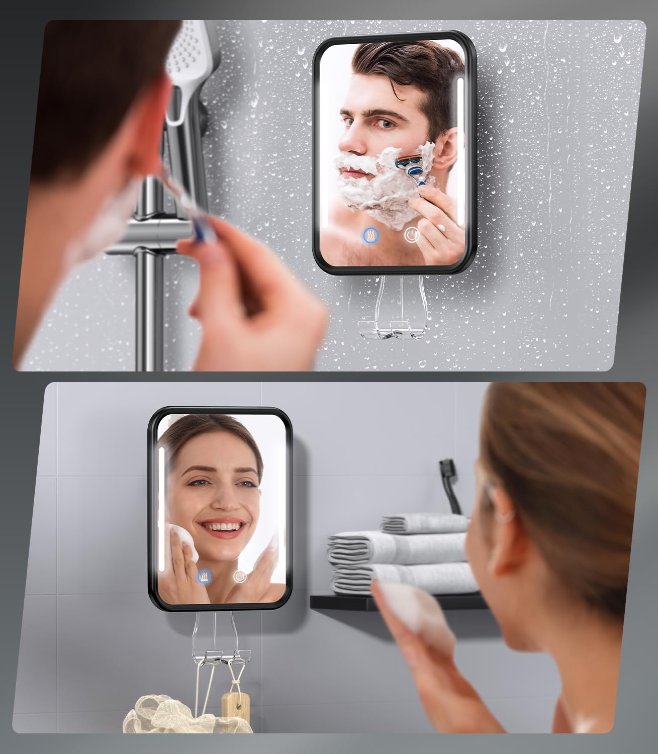 Gospire Specchio da doccia riscaldato, anti-appannamento, per rasatura con luce, batteria ricaricabile da 5000 mAh, ventosa rimovibile e supporto per rasoio da parete, senza foratura, rimovibile