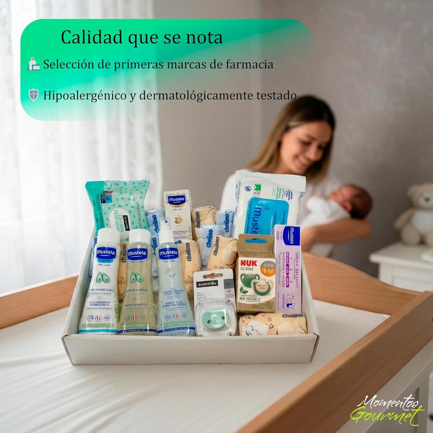 Cesto regalo per neonato, set regalo unisex per maschietti e femminucce, kit igienico completo con gel, shampoo, acqua di colonia, salviettine, pannolini, ciucci e clip, kit per neonato baby shower